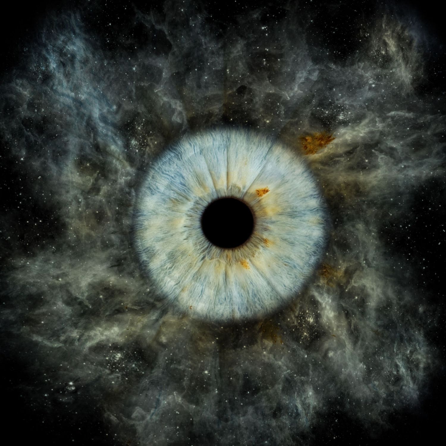 A close-up blue human iris eye macro blending into a cosmic nebula galaxy background.