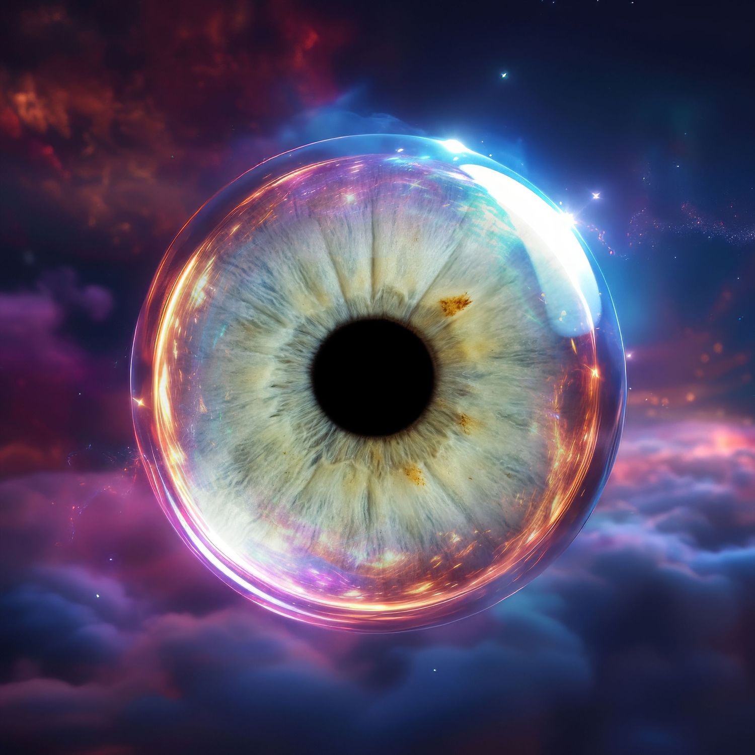 Surreal digital art of a human eye encased in a glowing orb floating in colorful nebula.