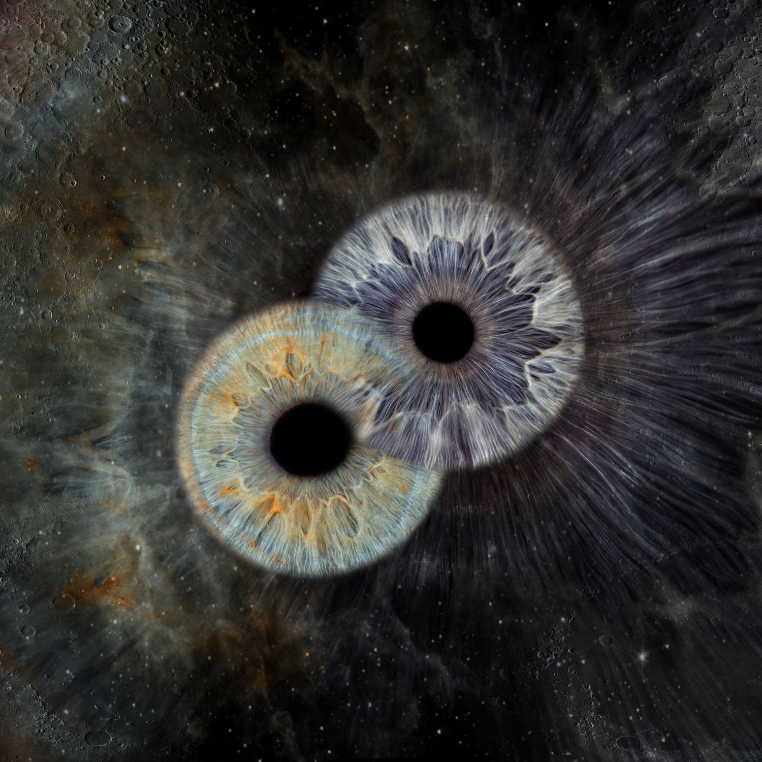Two overlapping human irises with cosmic nebula background, blending blue, gray, and gold tones in surreal space art.