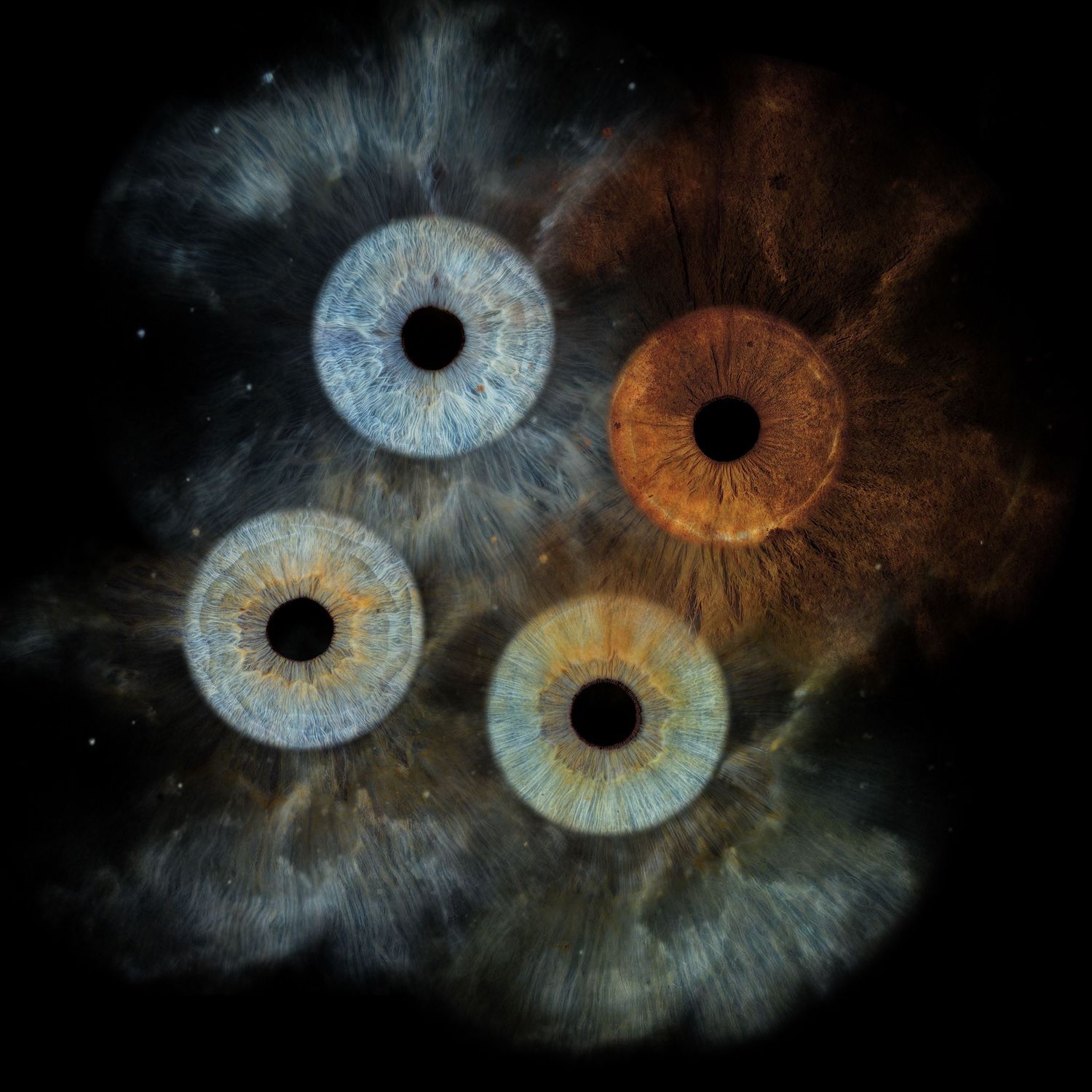 Four macro iris close-ups in blue and amber tones arranged on dark cosmic nebula background.