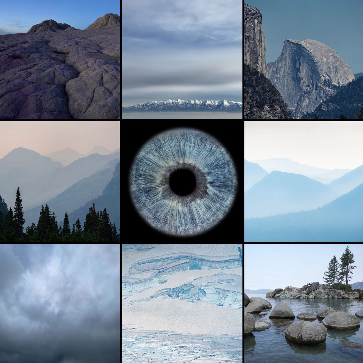 A blue human eye centered in a collage of misty mountain and winter landscape photography.