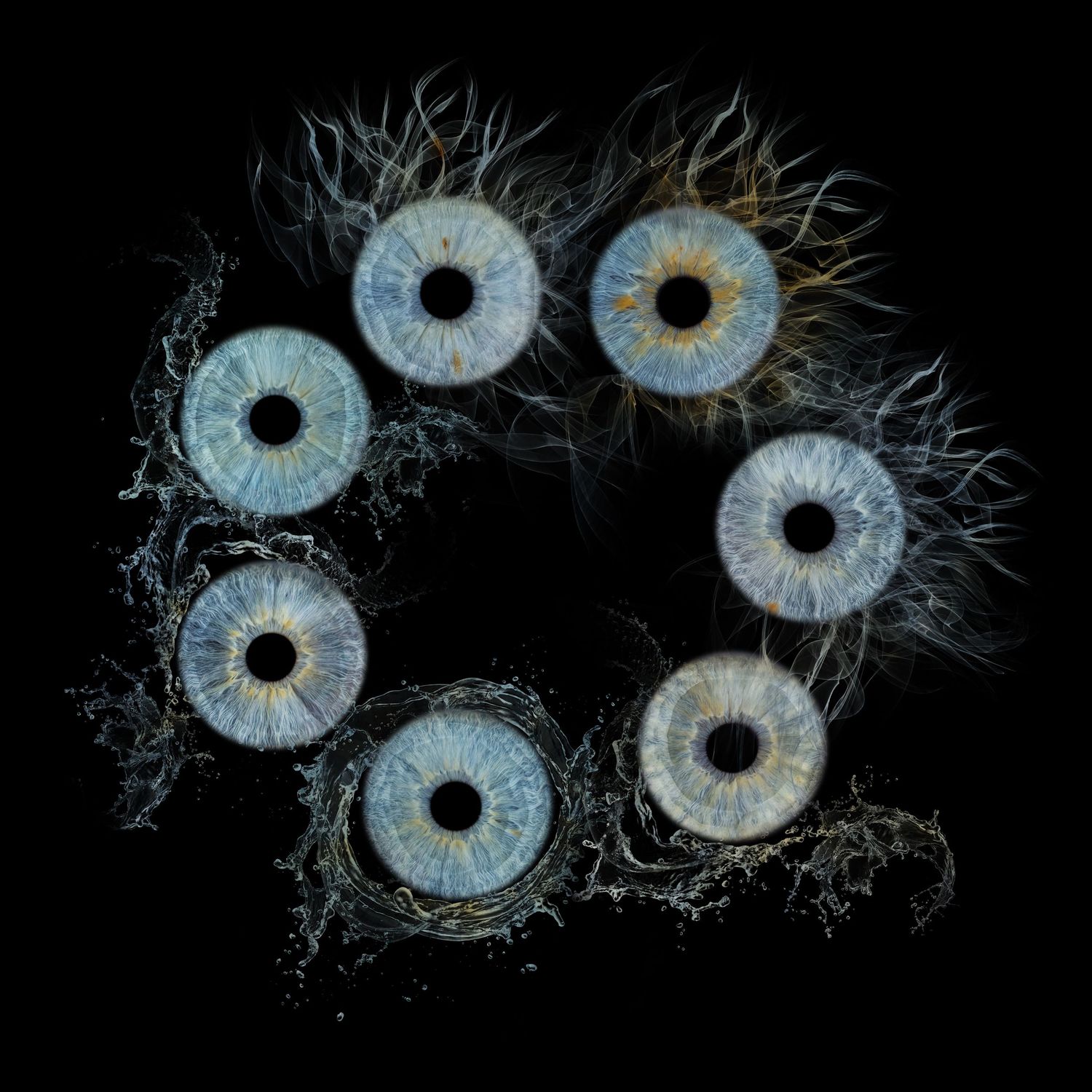Six blue human eyes arranged in a circle pattern on black background, showing detailed iris textures and nerve-like strands.