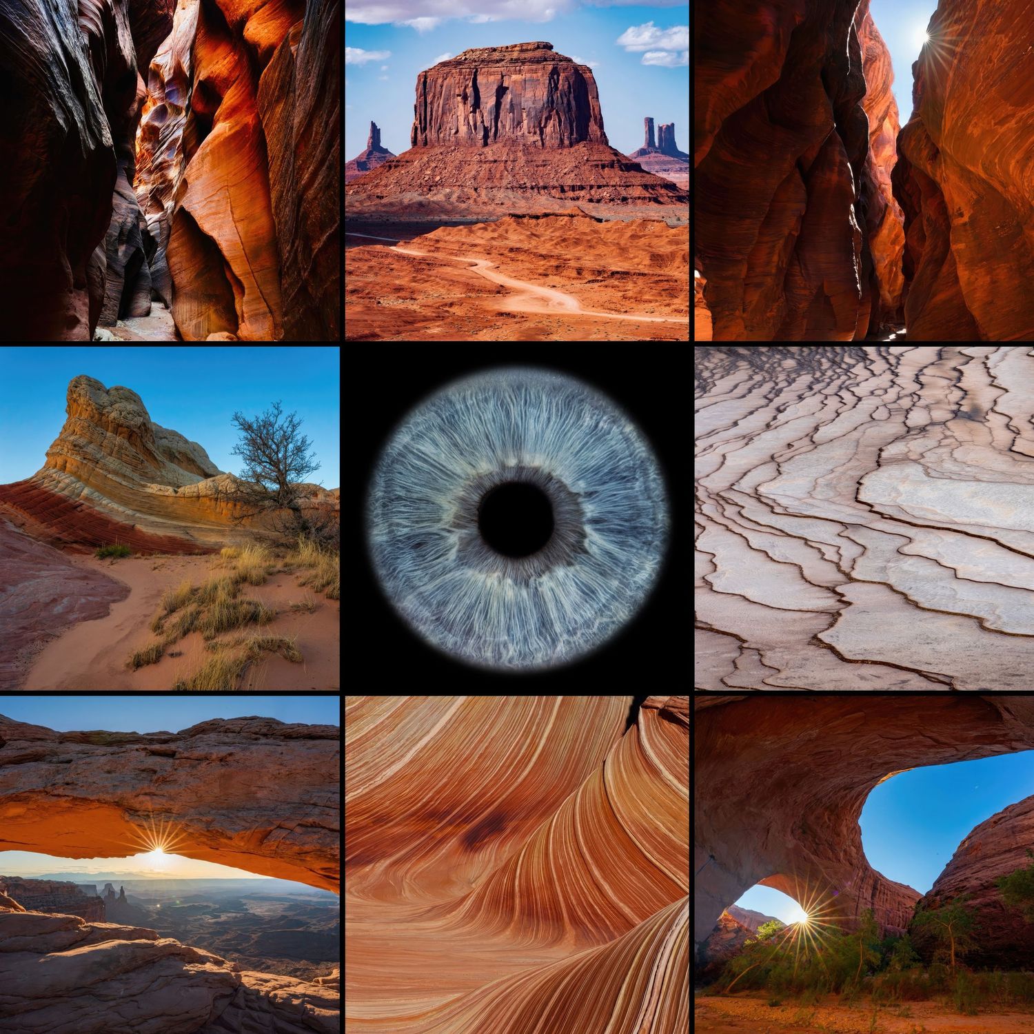 Collage of Southwest USA desert landscapes with red rock formations and a blue human iris center.
