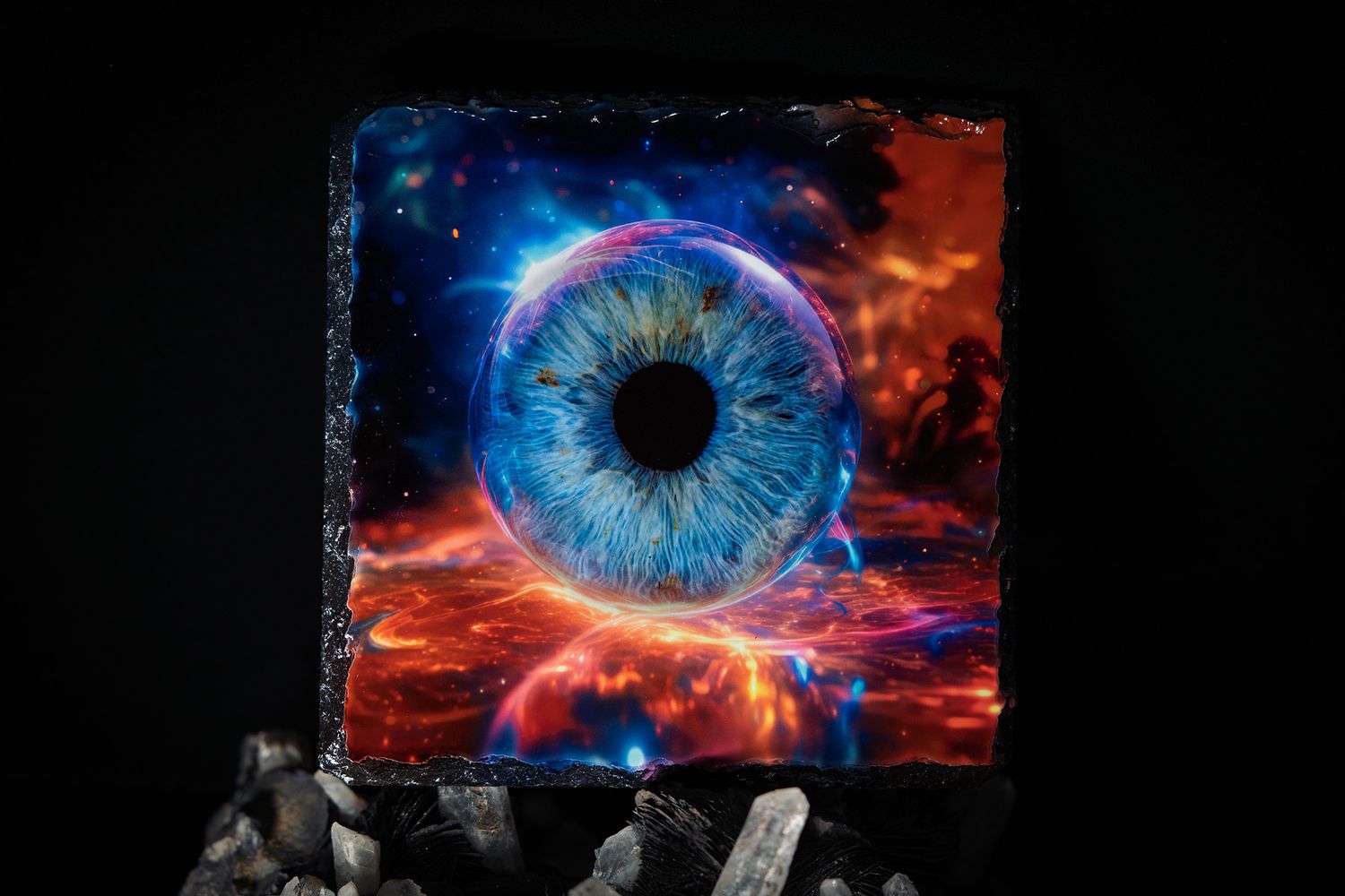 Mystical glowing blue eye artwork against cosmic nebula background held by gray hands in dark setting.