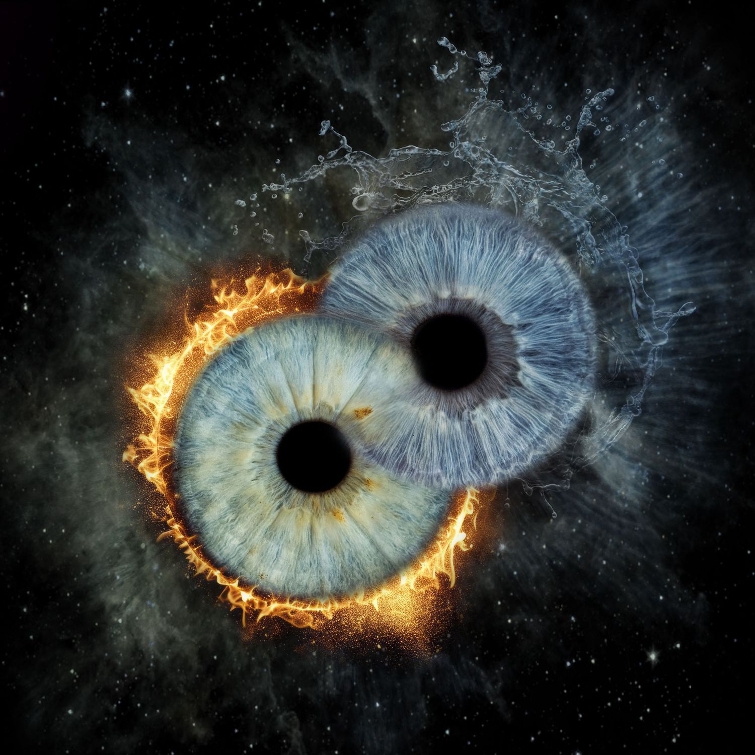 Two human eyes arranged in a yin-yang symbol with fire and water elements against a dark cosmic background.