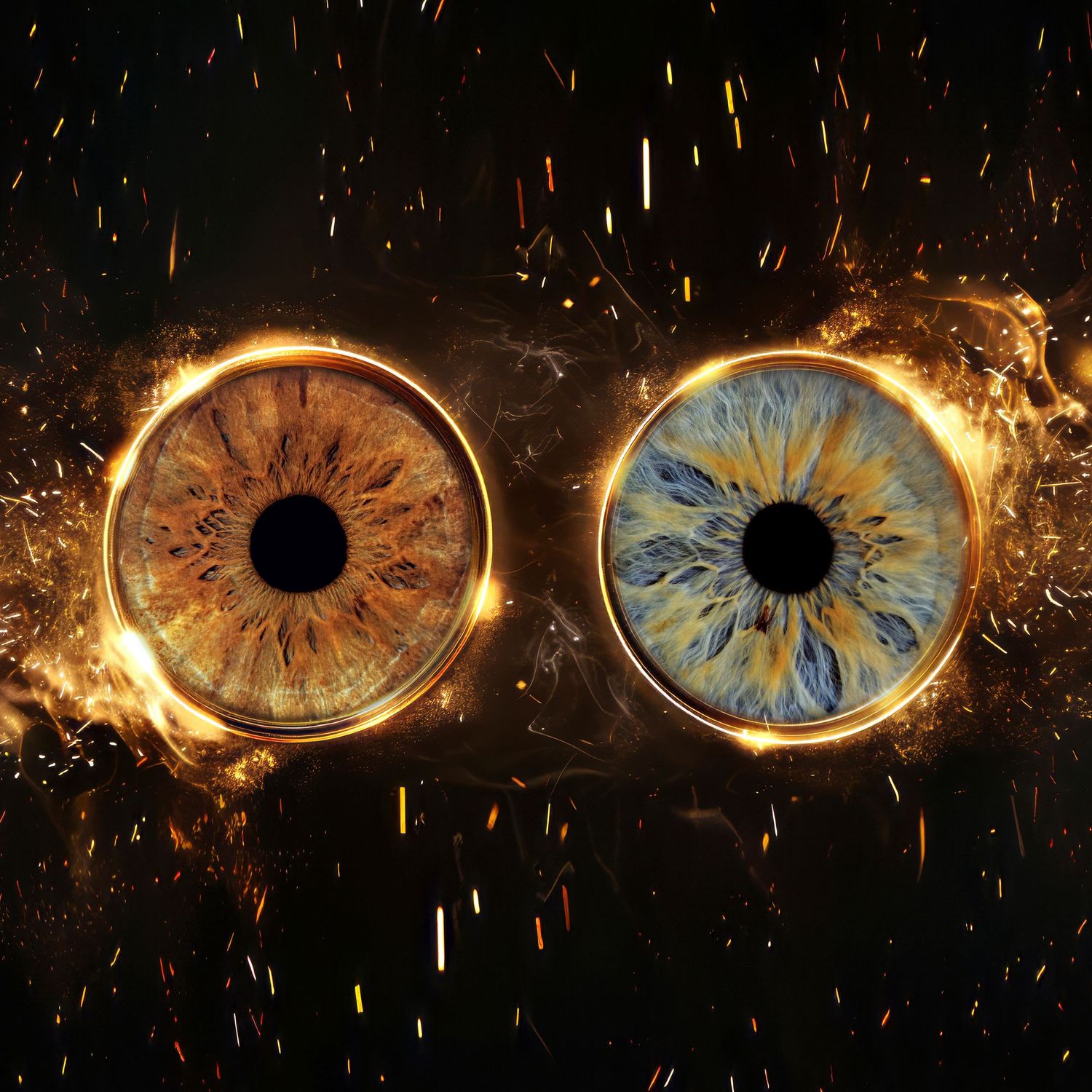Two fiery human eyes surrounded by golden flames and sparks on a dark background, creating a dramatic and mystical effect.