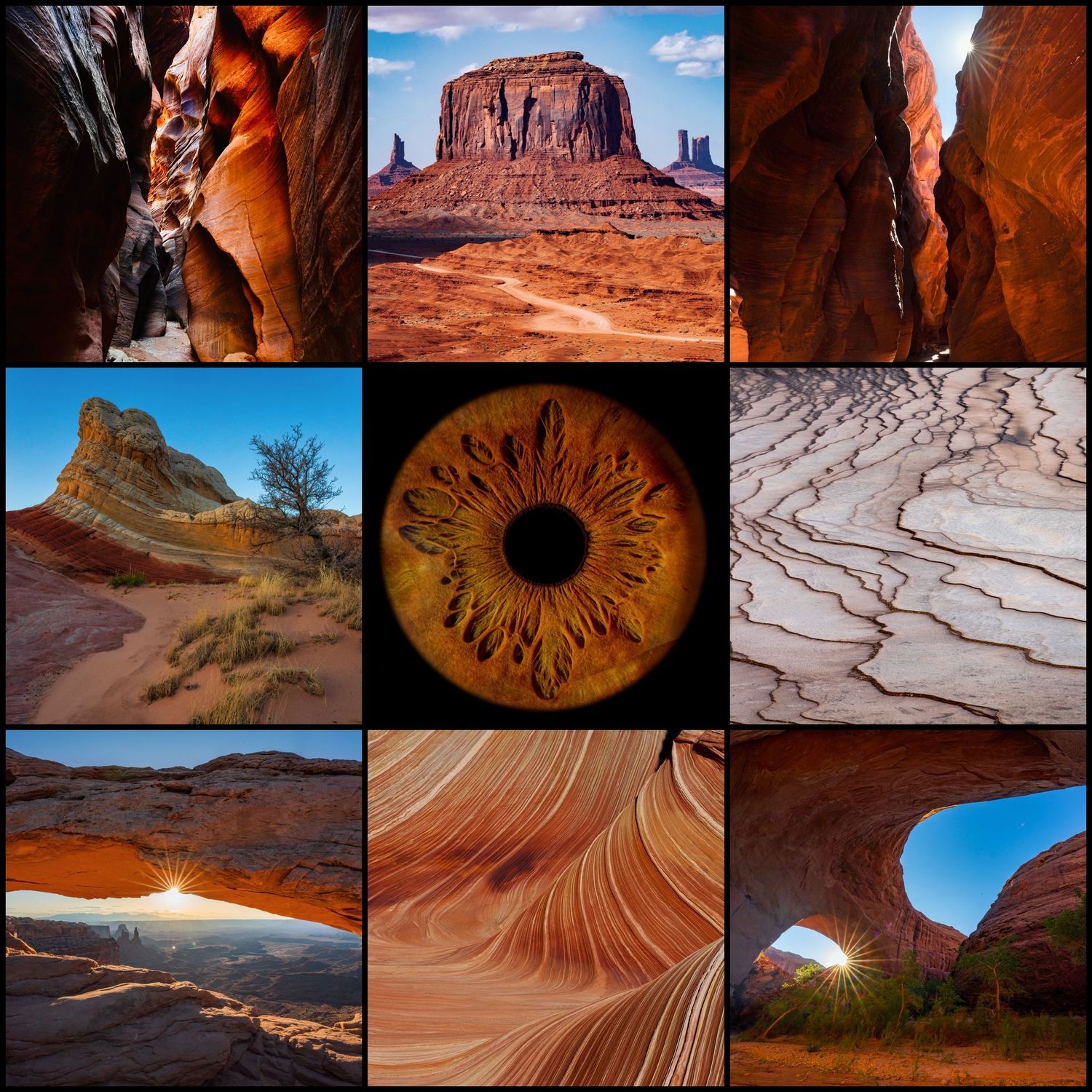 A collage of red rock landscapes featuring slot canyons, Monument Valley buttes, an eye iris, The Wave, and natural arches.