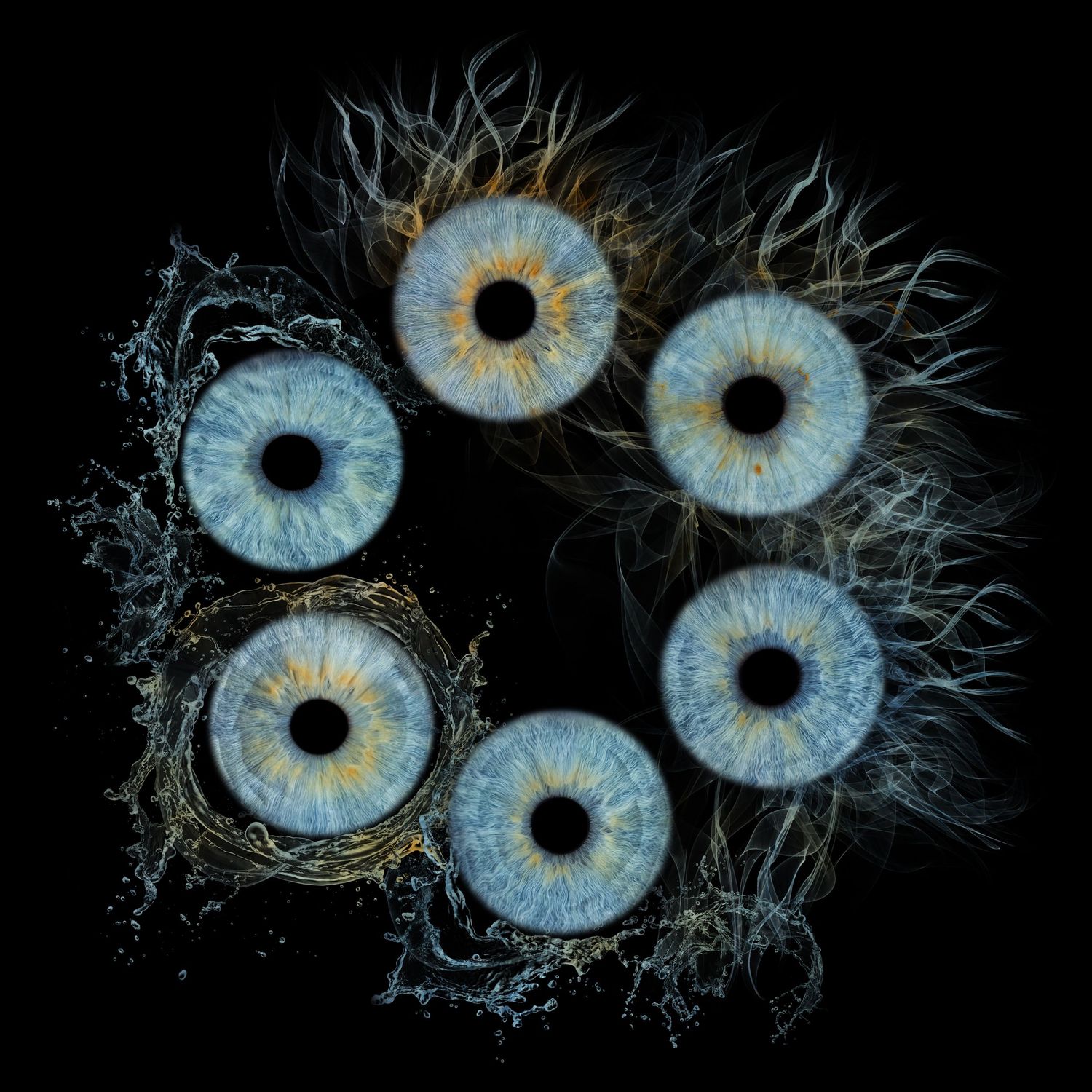 Five blue human eyes arranged in a circle with neural fibers on a dark background.