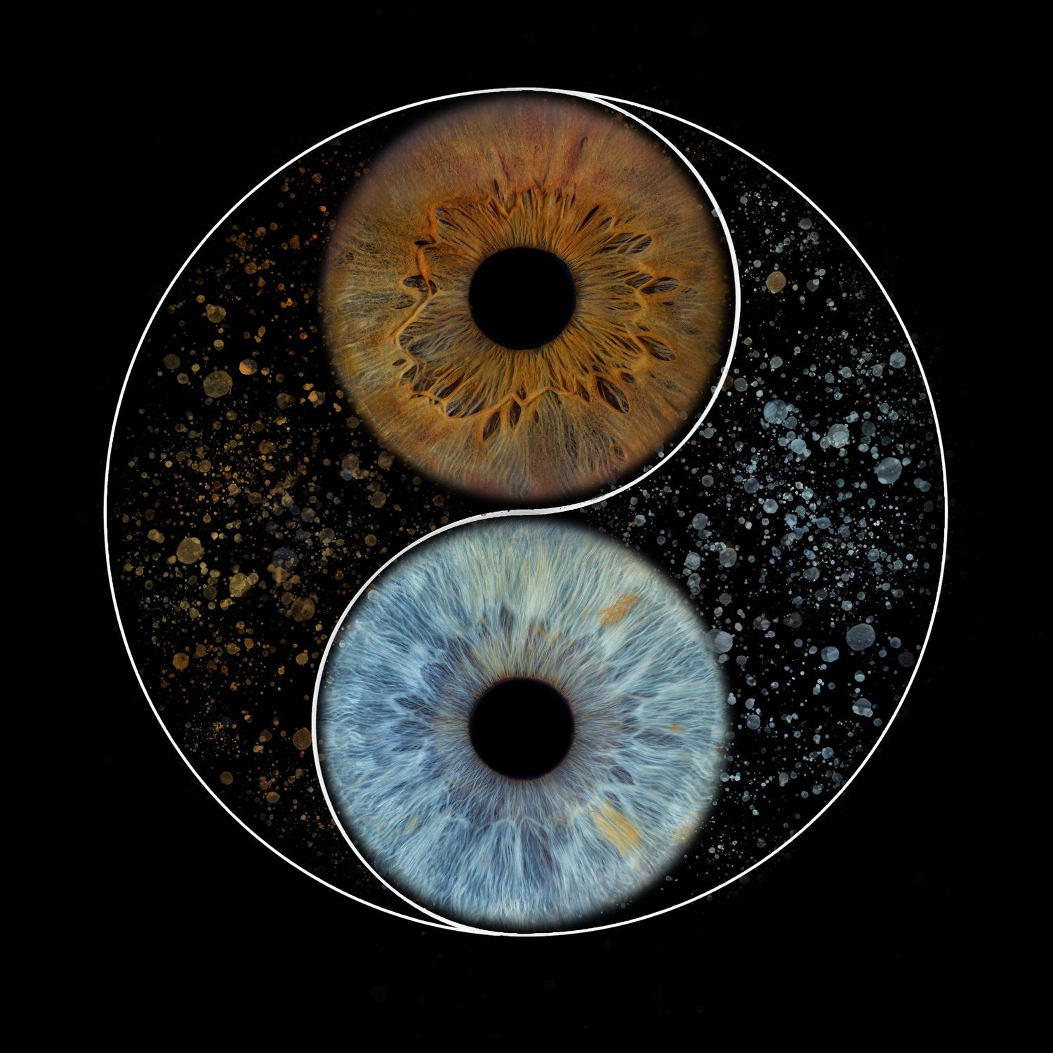 Yin yang symbol featuring two detailed human eyes, one amber and one blue, set against a dark cosmic background.