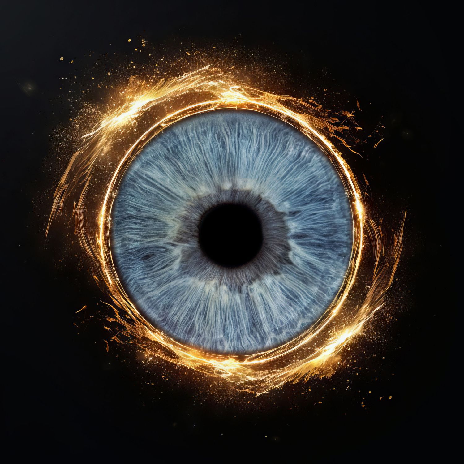 A striking blue eye encircled by a ring of golden fire on a dark black background.