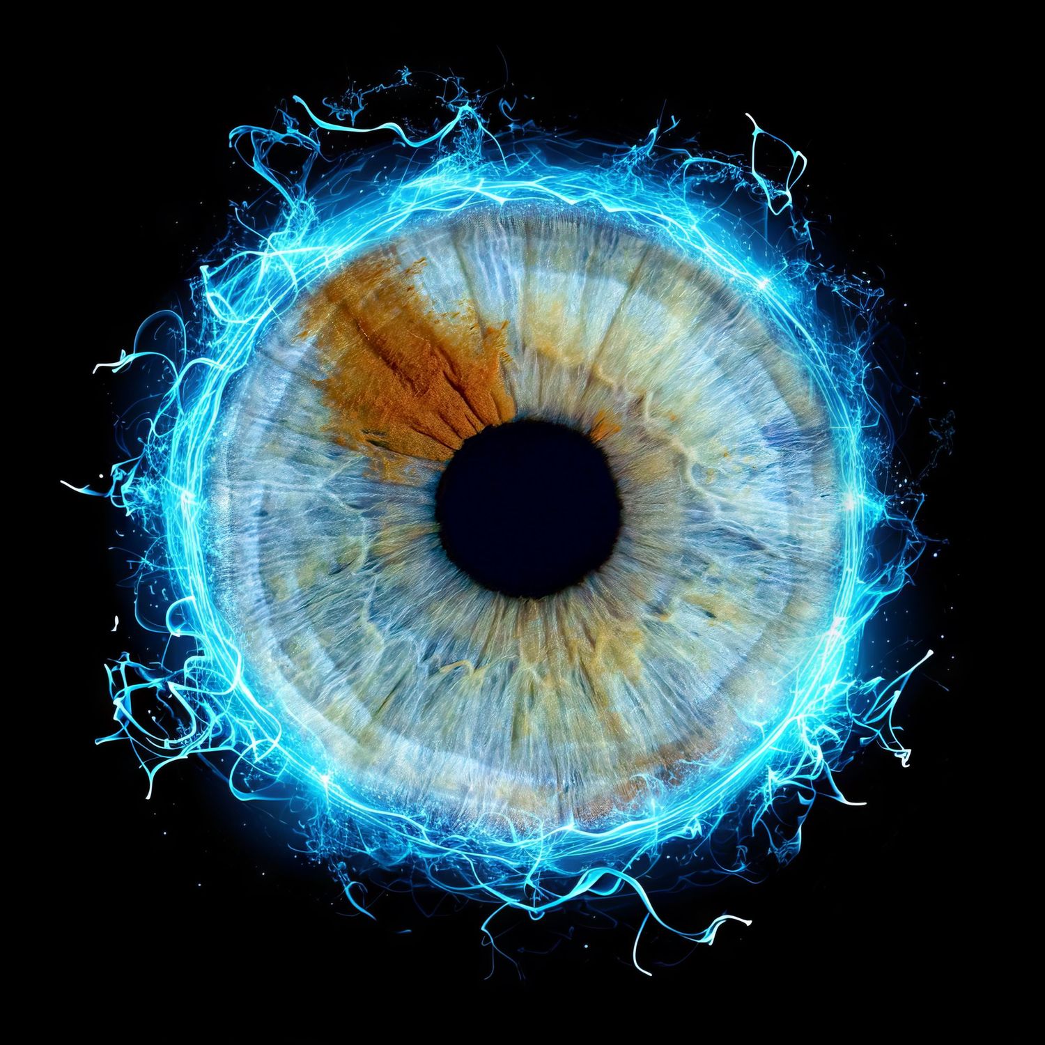Close-up of a human iris surrounded by glowing blue electrical energy on a black background.