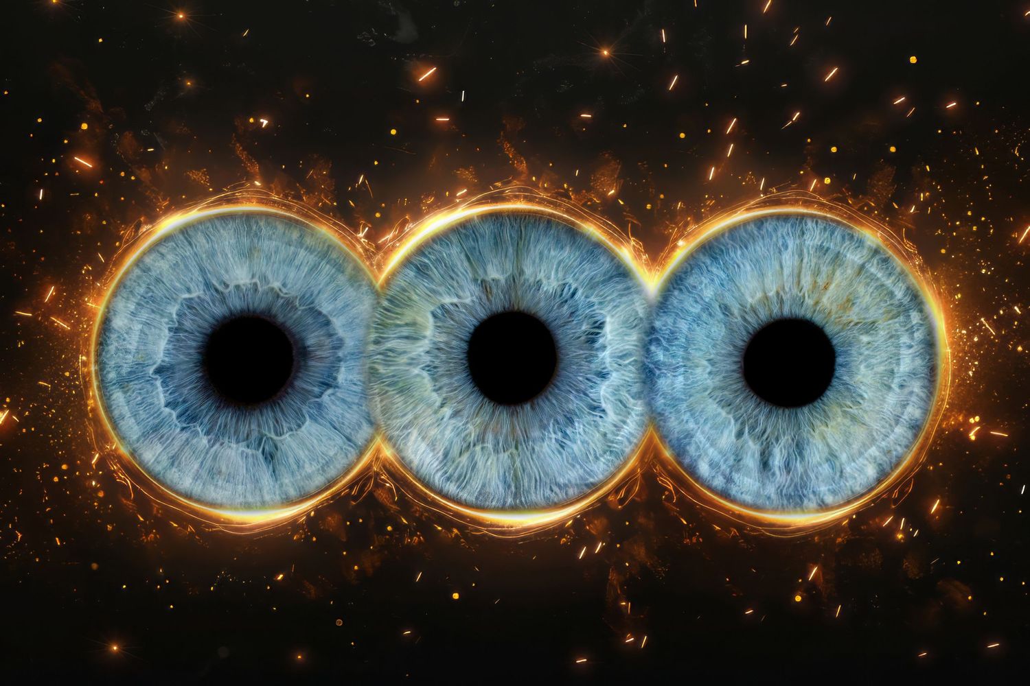 Three bright blue irises with dark pupils arranged horizontally against a backdrop of glowing orange sparks and flames.