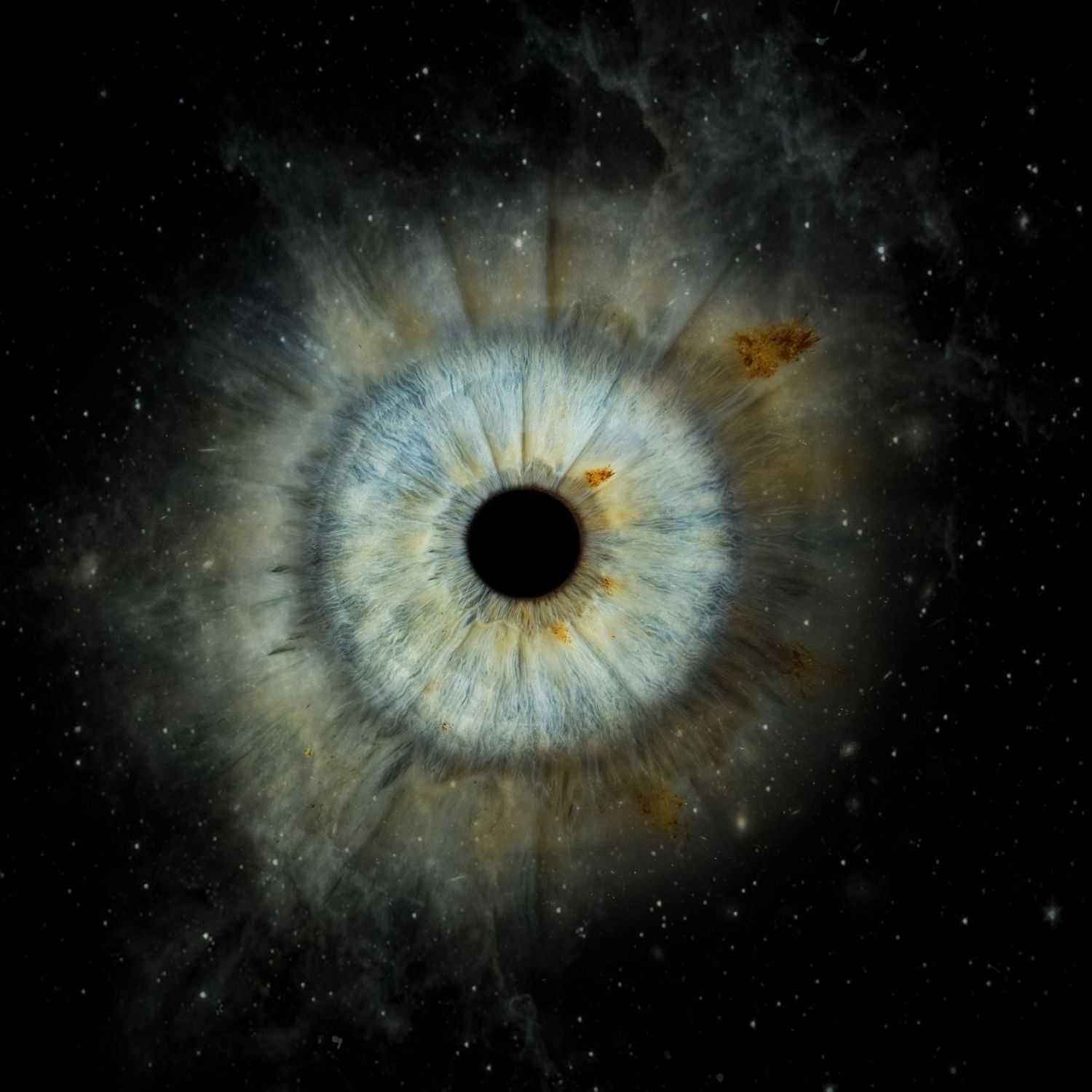 A vivid blue human iris eye macro with golden details merging into a starry night sky.
