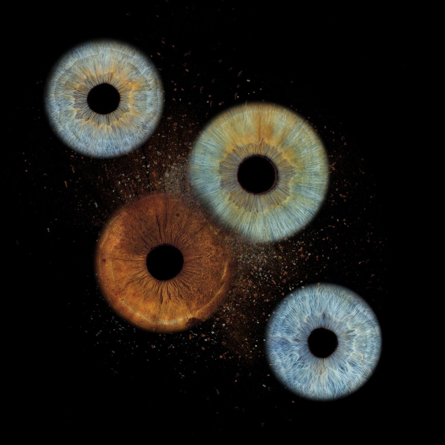 Four detailed human irises in blue, teal, and amber tones float against a dark starry background.