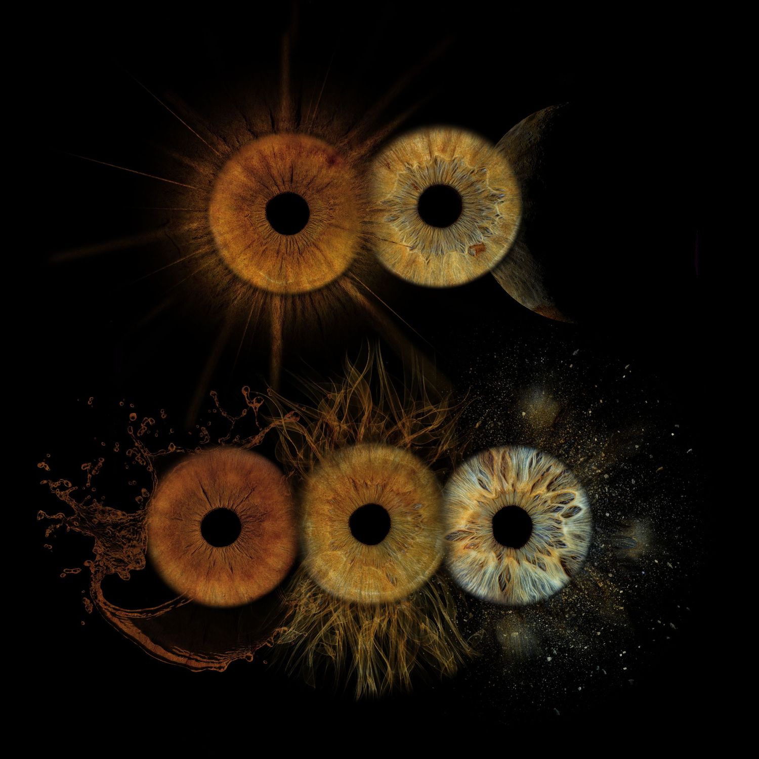 Five glowing human irises in amber, gold, and blue tones arranged artistically against a black background.
