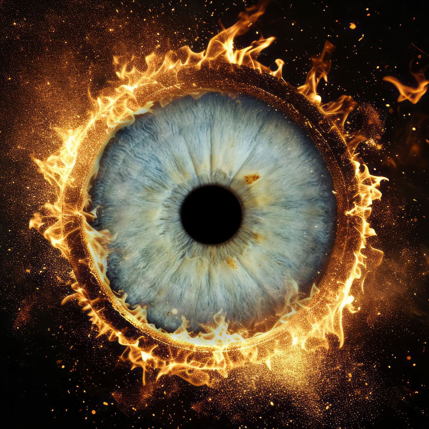 A blue human iris eye macro dramatically encircled by bright orange flames on dark background.