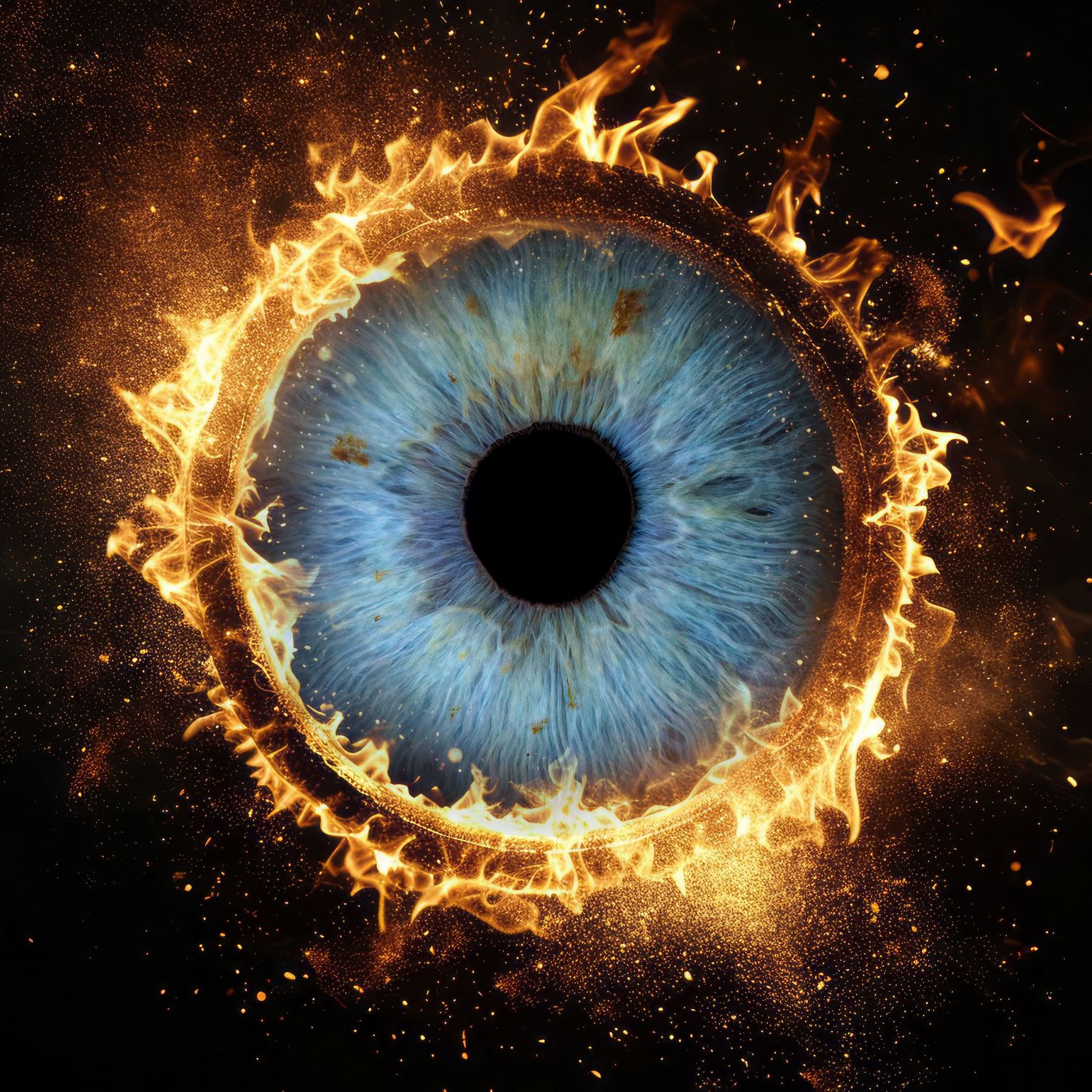 A bright blue iris encircled by blazing orange flames against a starry cosmic background creates a dramatic eye effect.