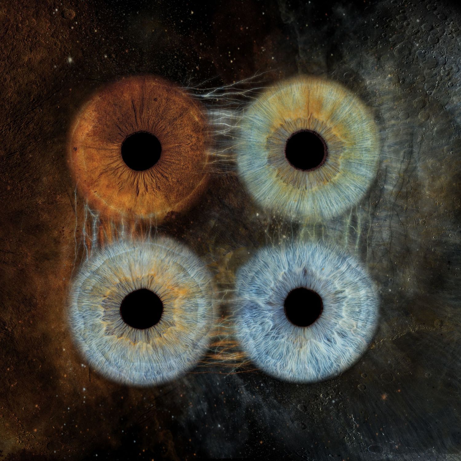 Four detailed human irises in brown and blue tones arranged in a grid against a dark cosmic starry background.
