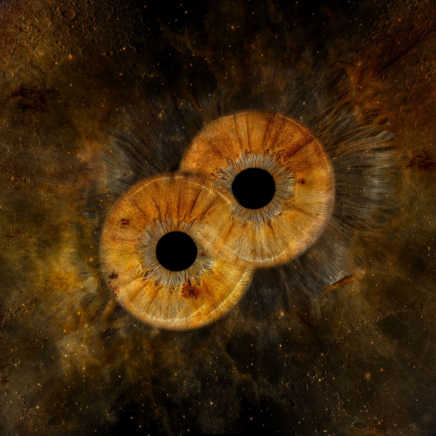 Two golden-brown human eyes with black pupils overlapping against a dark cosmic nebula background.