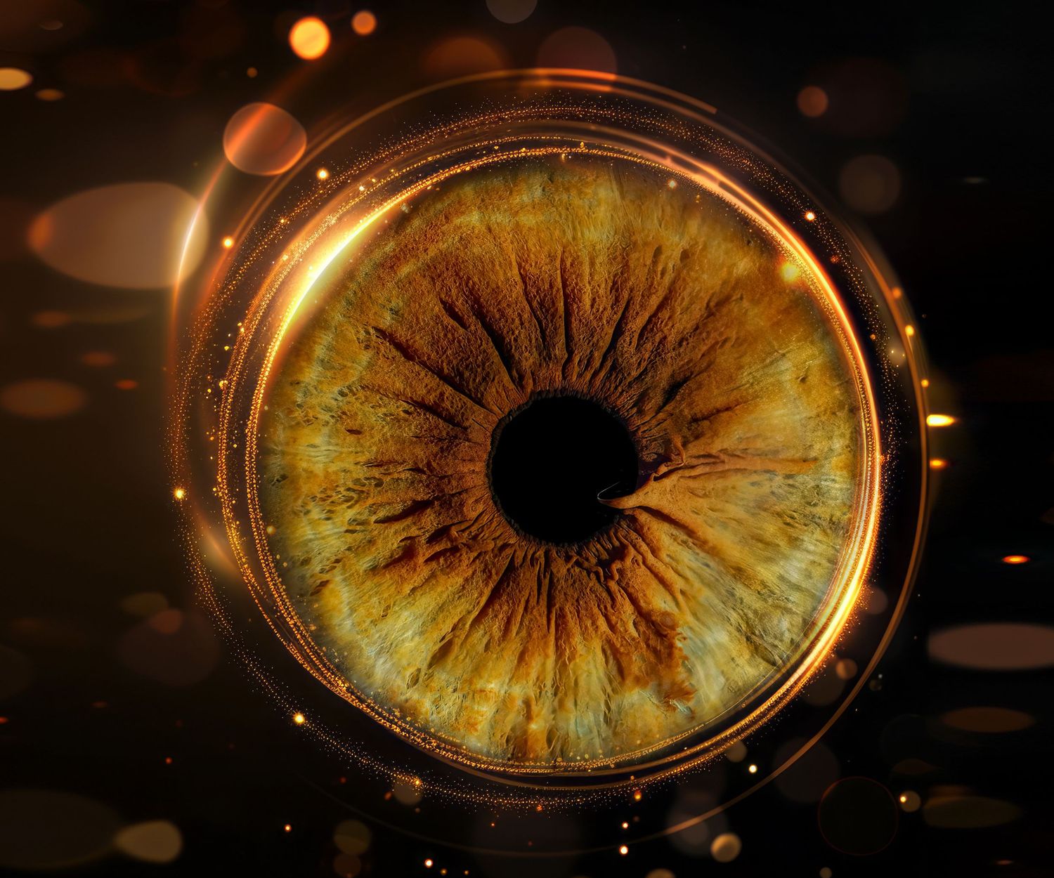 Extreme close-up macro photograph of a golden amber human iris with intricate patterns and light reflections.