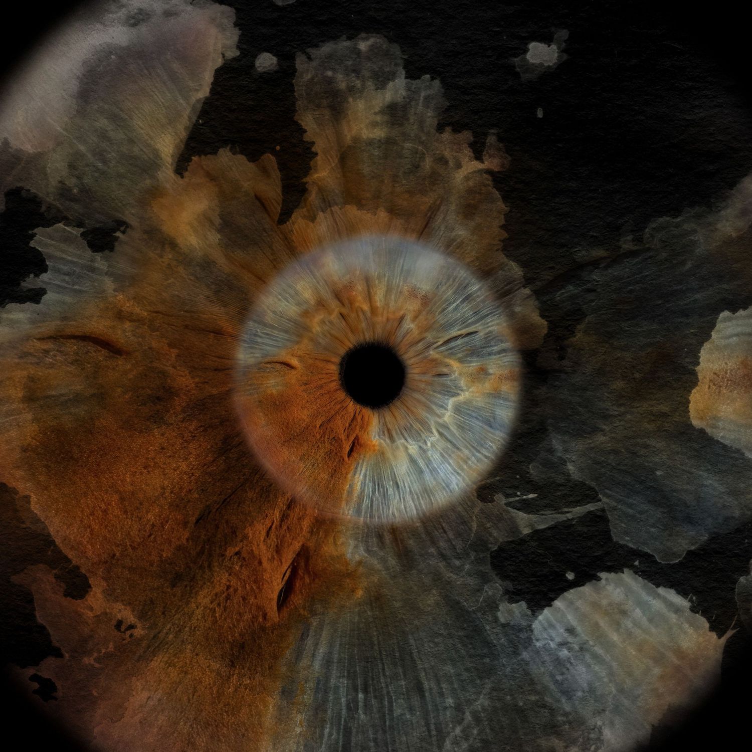 Surreal macro eye photograph blending human iris with explosive amber and brown textured landscape.