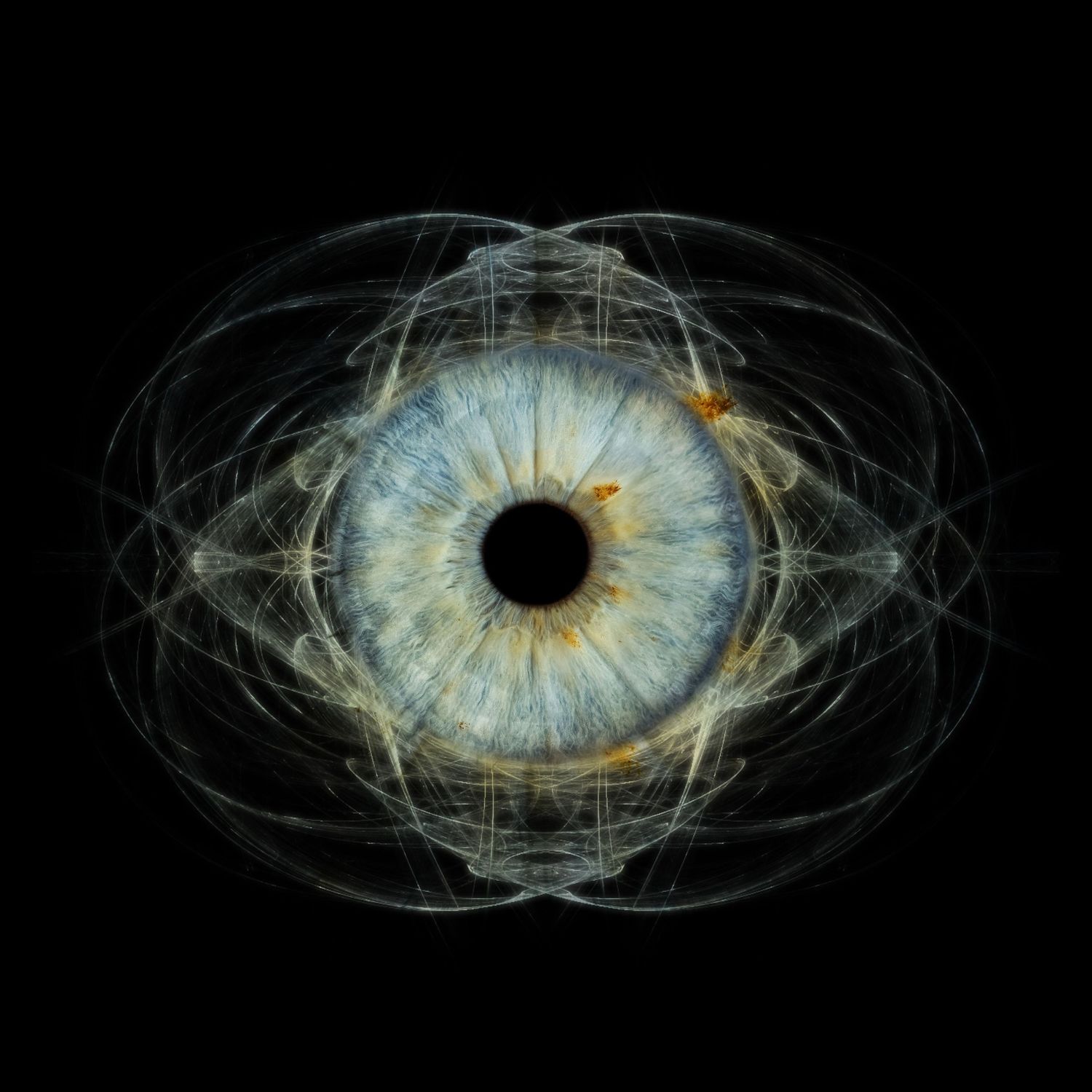 Abstract digital art of a blue human eye surrounded by glowing geometric lines on black.
