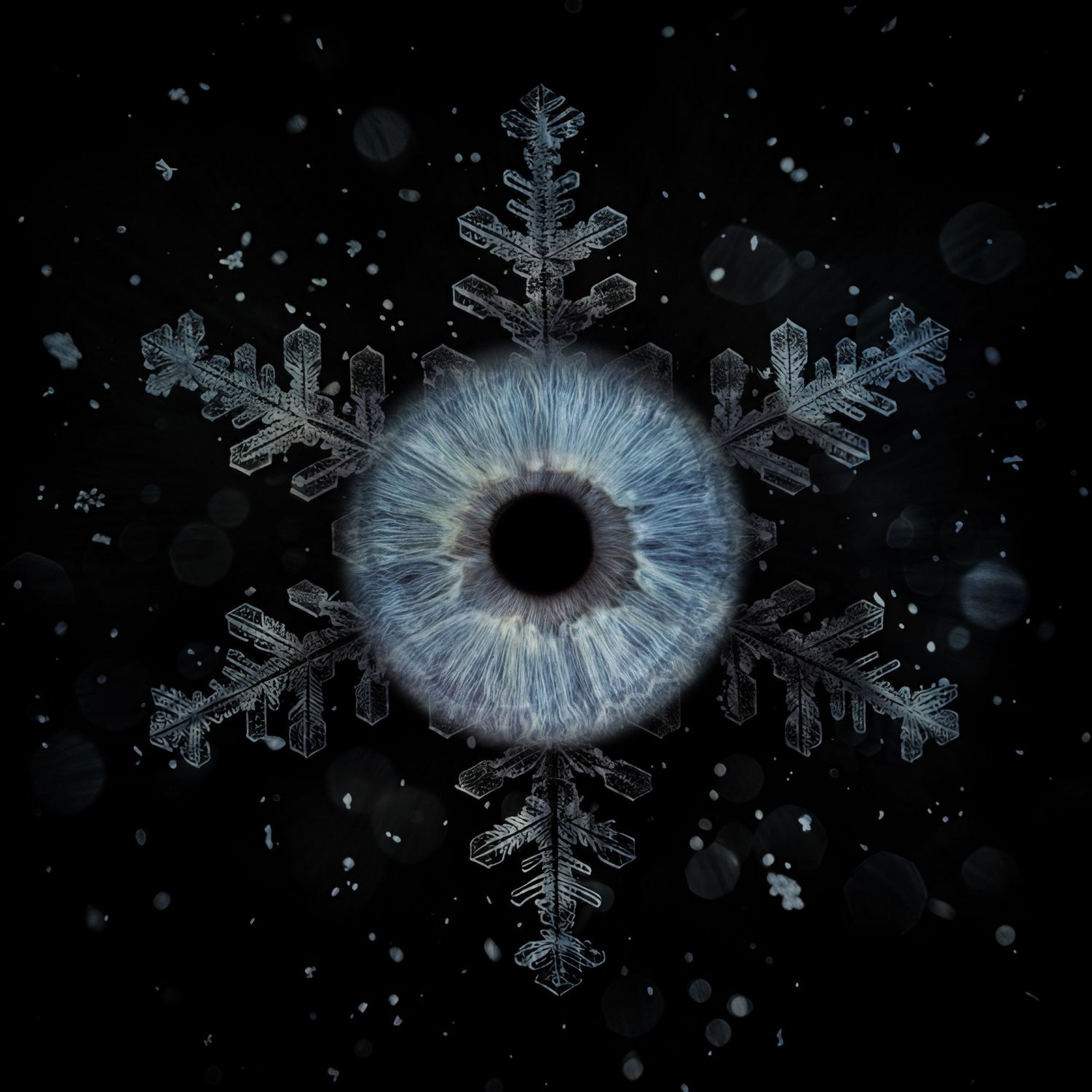 Blue human eye iris merged with an intricate snowflake crystal on a dark winter background.