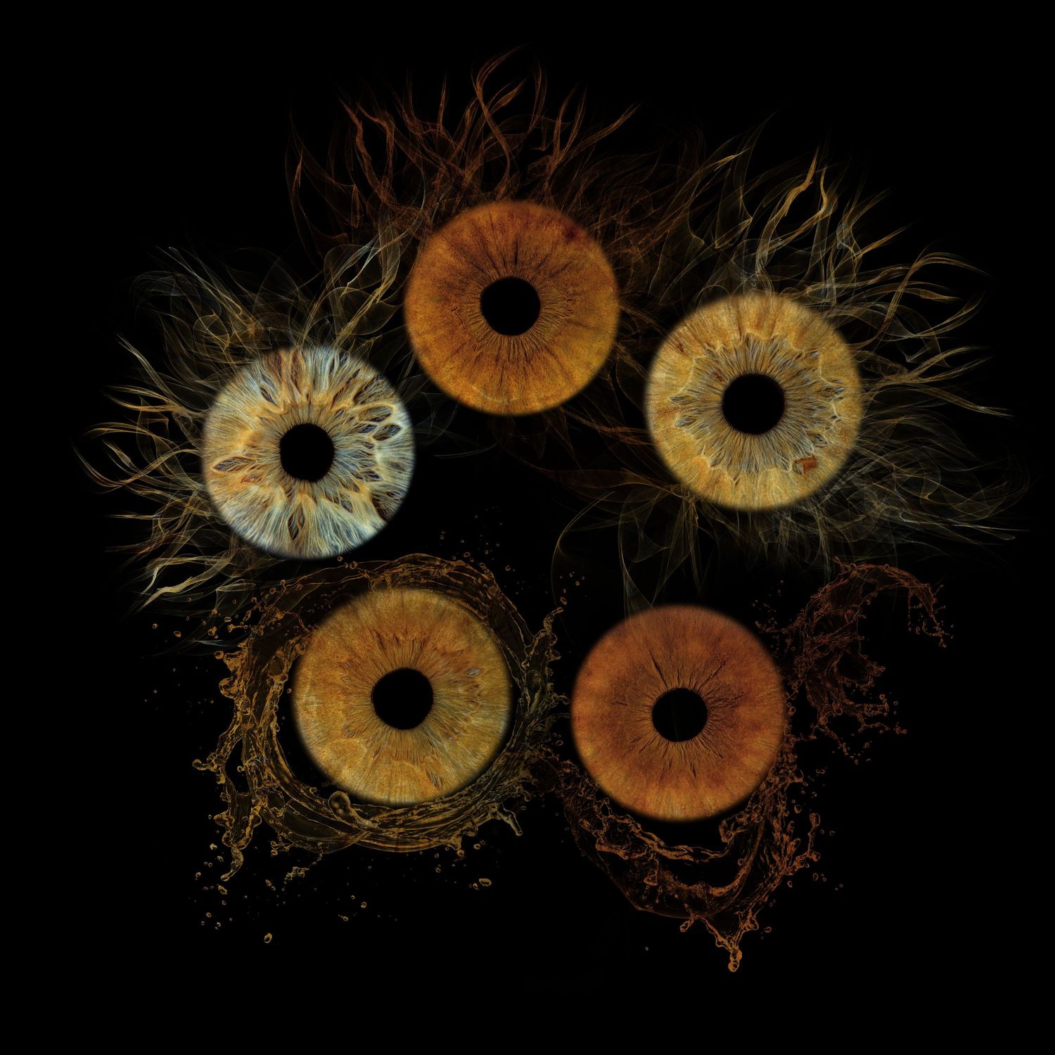 Five detailed human irises arranged in a circular pattern on black background, showcasing intricate textures and warm amber tones.