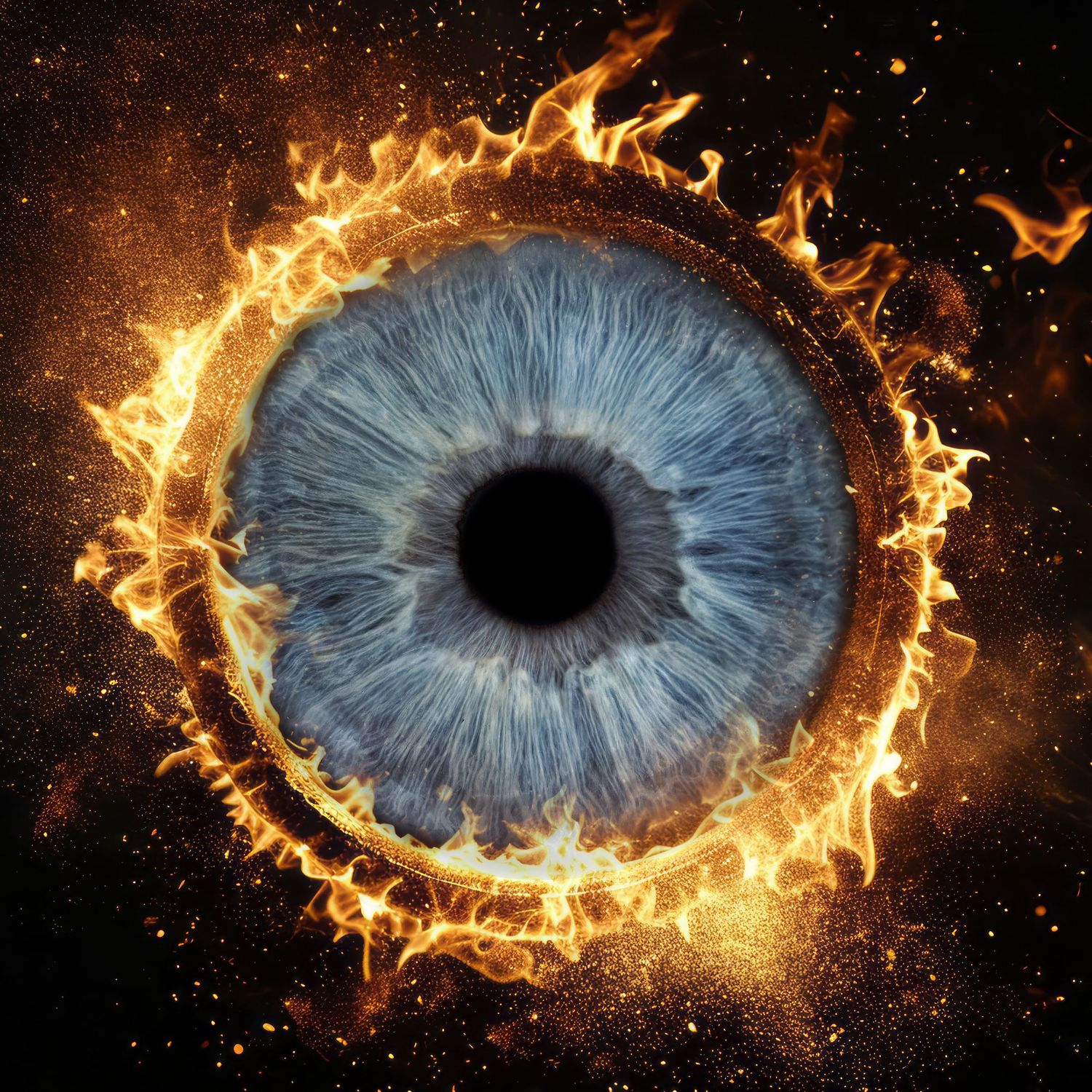 Blue human eye iris dramatically surrounded by burning fire and golden sparks on dark background.