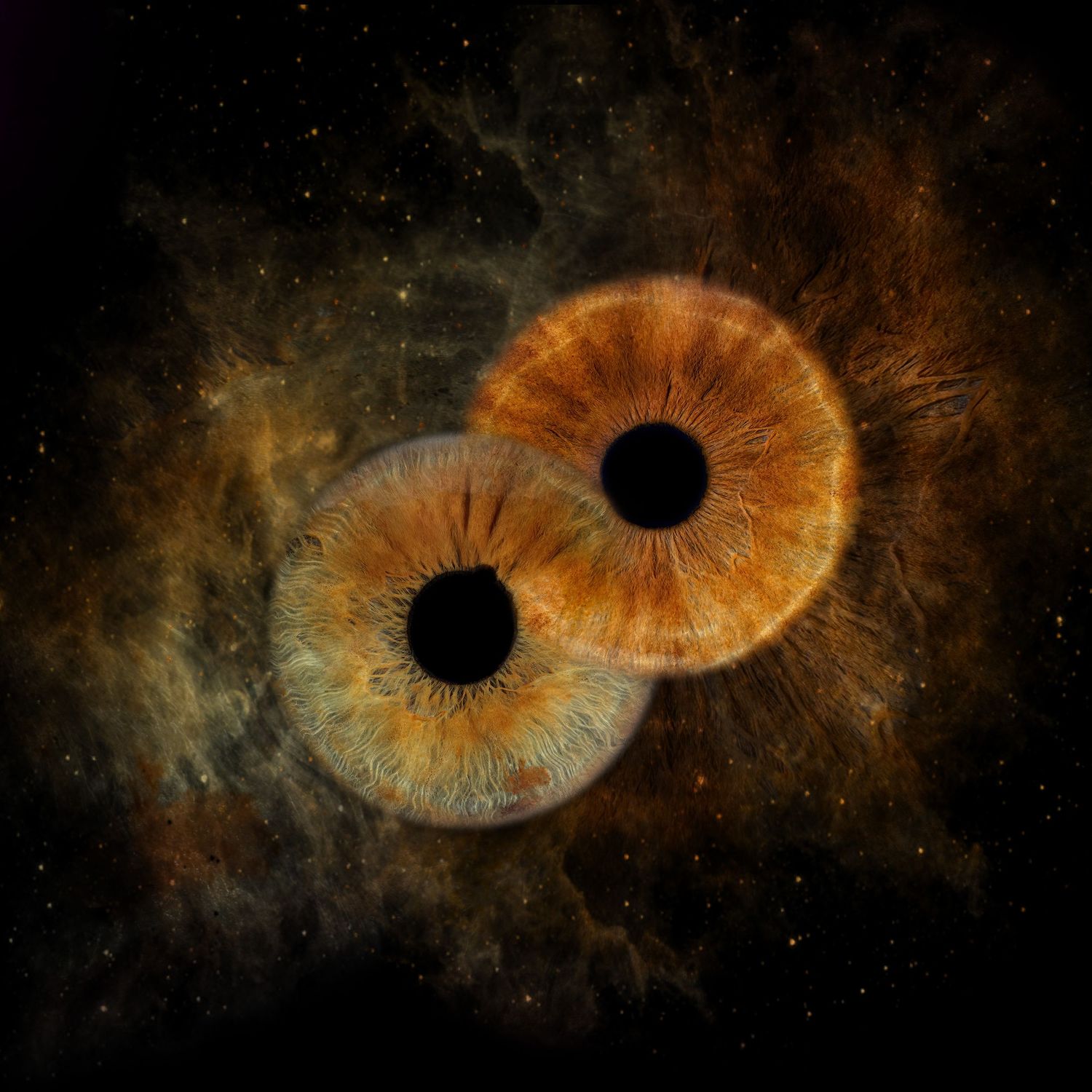 Two overlapping human eyes with golden-brown irises float against a dark cosmic nebula background filled with stars.