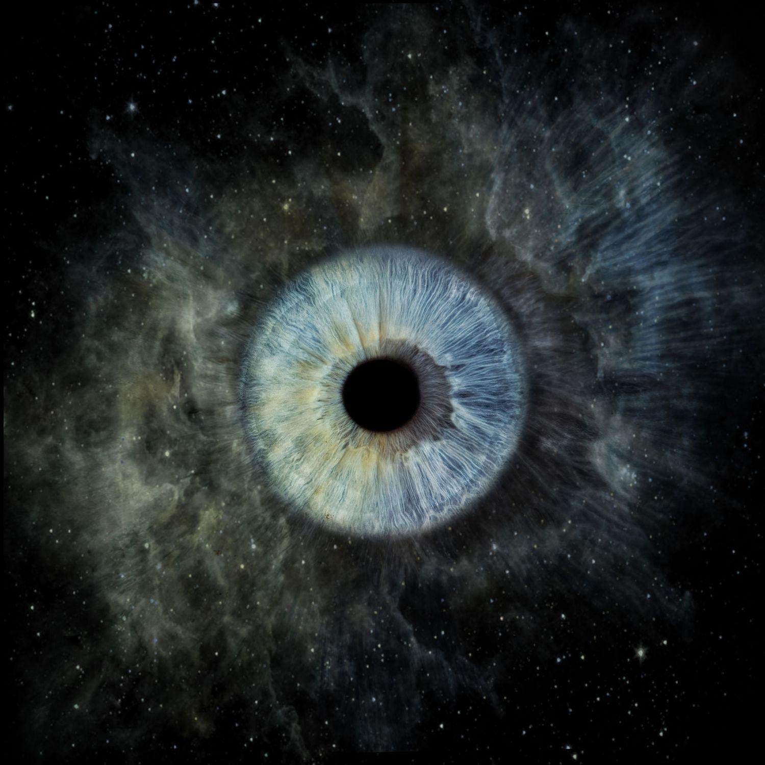 A surreal cosmic eye with blue iris blending into a starry nebula background in deep space.