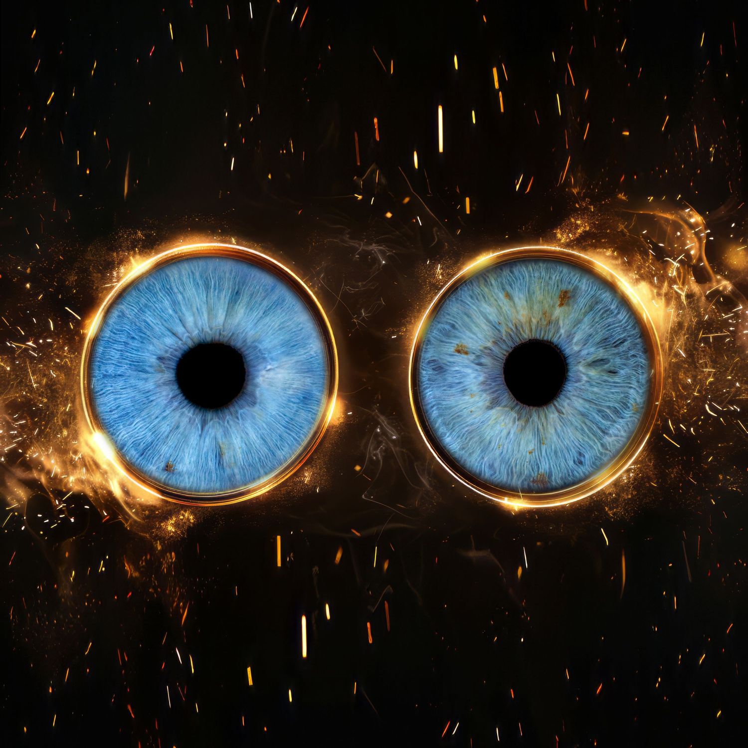 Two bright blue human eyes with glowing golden rings surrounded by fire sparks against a dark background.