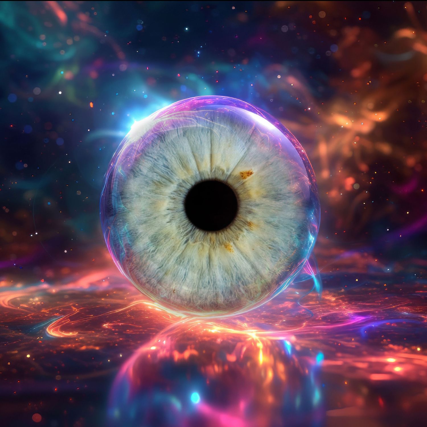 Surreal digital art of a human eye in a glowing bubble over a colorful cosmic landscape.