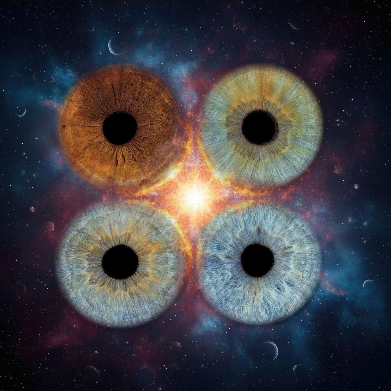 Four detailed human irises in amber and blue tones arranged in a cosmic space background with glowing light center.