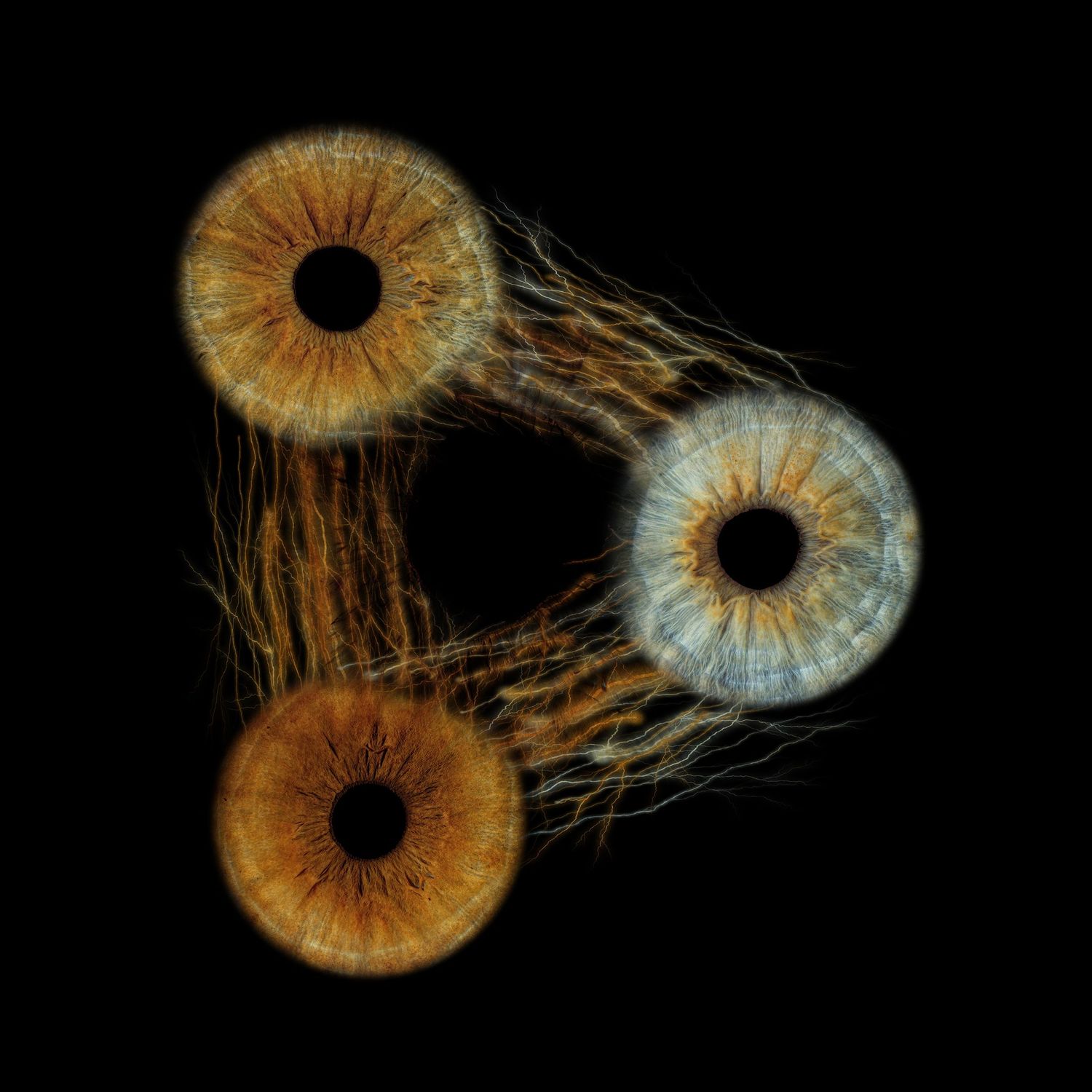 Three human irises arranged in a triangular formation with fiber-like strands connecting them on a black background.