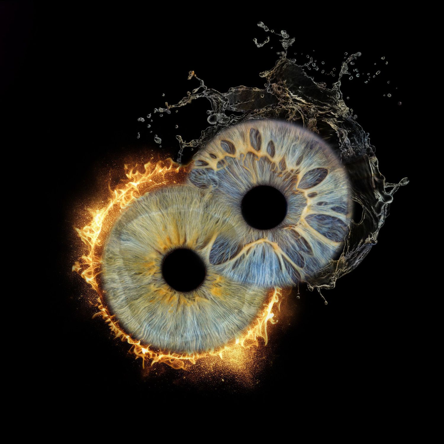 Two human eyes arranged as yin-yang symbol, one surrounded by fire and one by water splashing on black background.