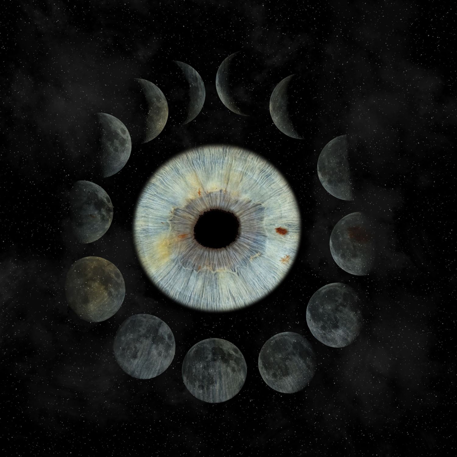 A human eye surrounded by lunar phases arranged in a circle against a dark starry background.
