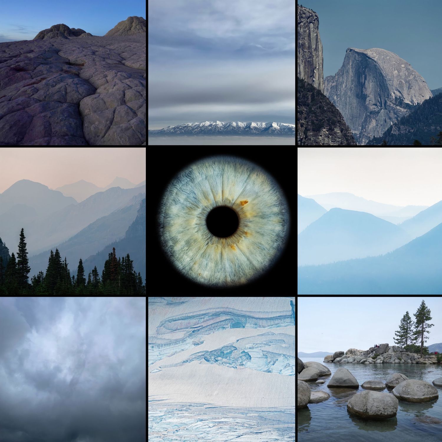 Composite grid of scenic mountain landscapes surrounding a central macro blue human eye iris on black.