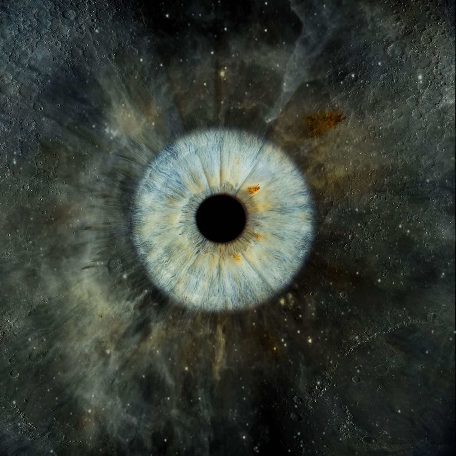 Dramatic macro photo of a blue human eye iris blending into a dark cosmic nebula dust cloud background.