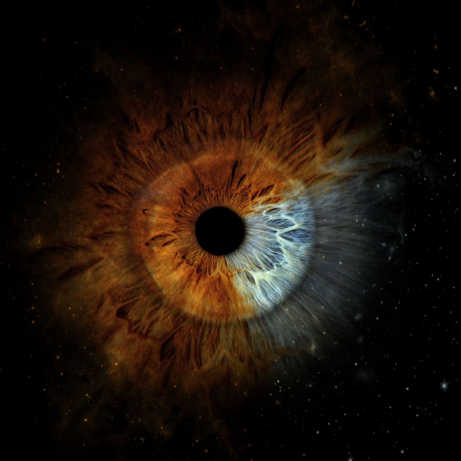 A cosmic eye with fiery amber iris blending into a starry galaxy, creating a surreal universe-within-an-eye digital art.
