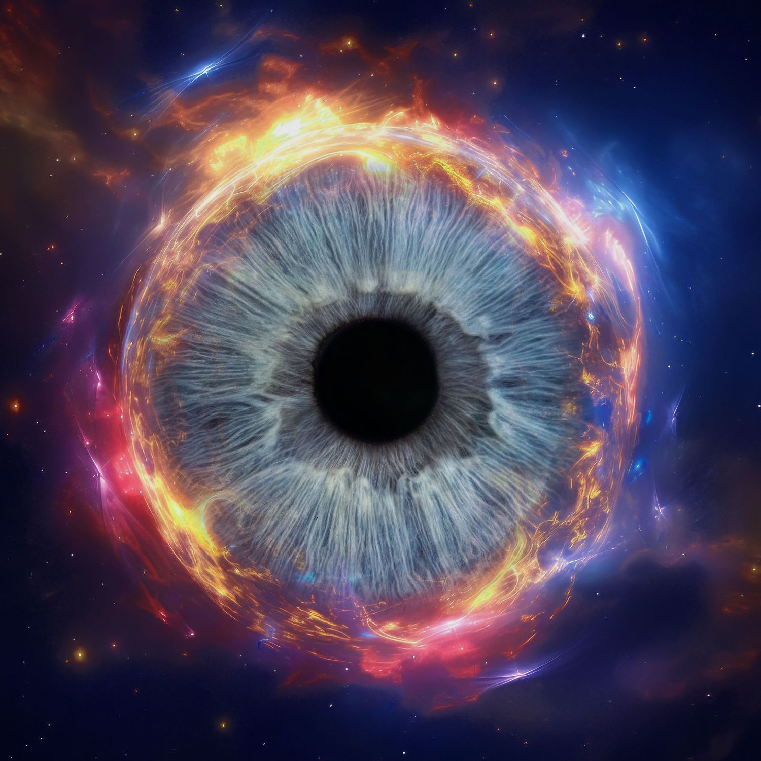 A macro blue eye iris set against a vibrant cosmic nebula with fiery orange and blue flames.