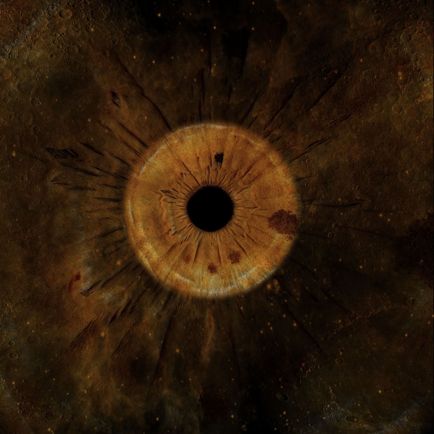 Artistic dark cosmic rendering of a glowing amber eye iris with dramatic light rays on dark background.