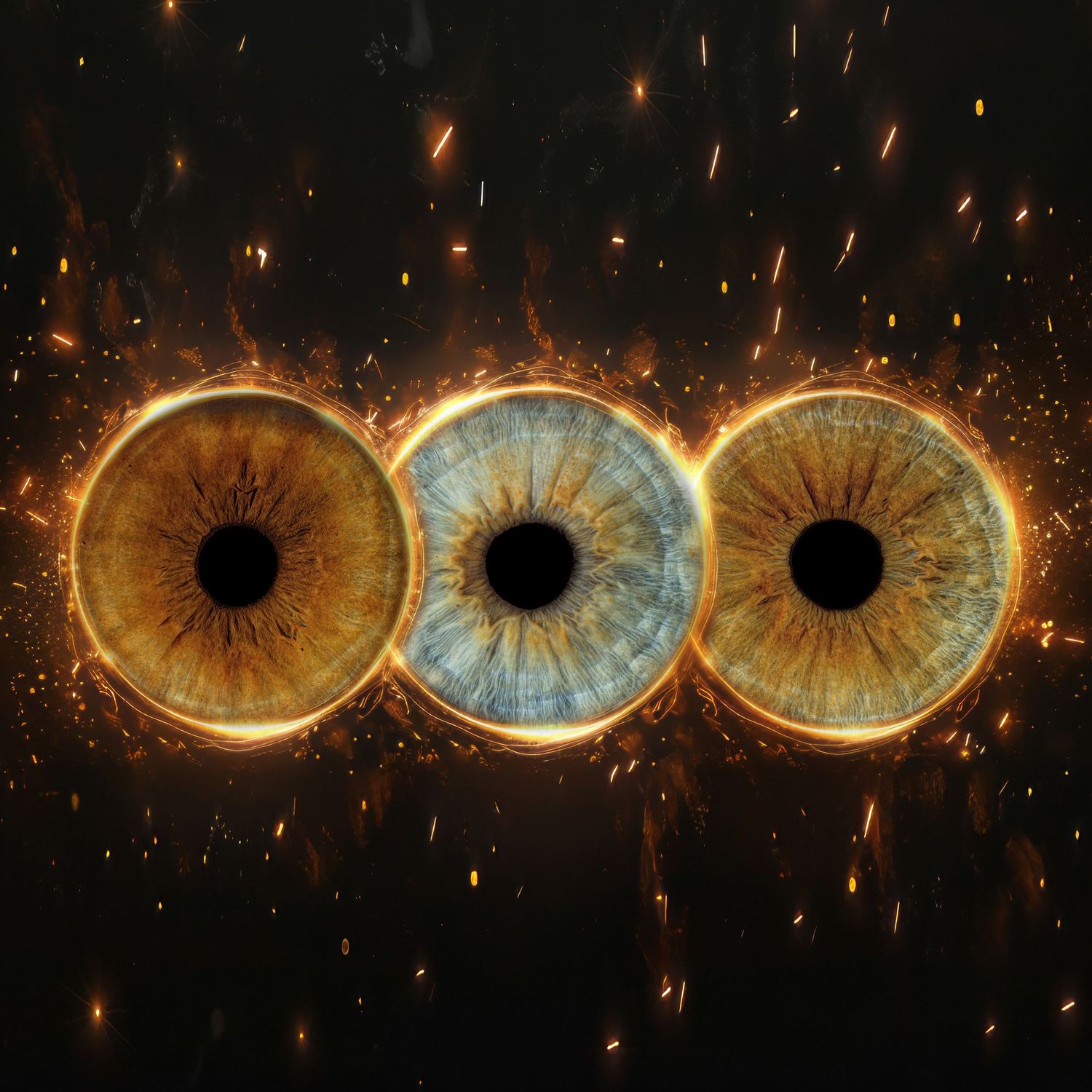 Three fiery human eyes with golden irises surrounded by glowing embers and sparks on a dark background.