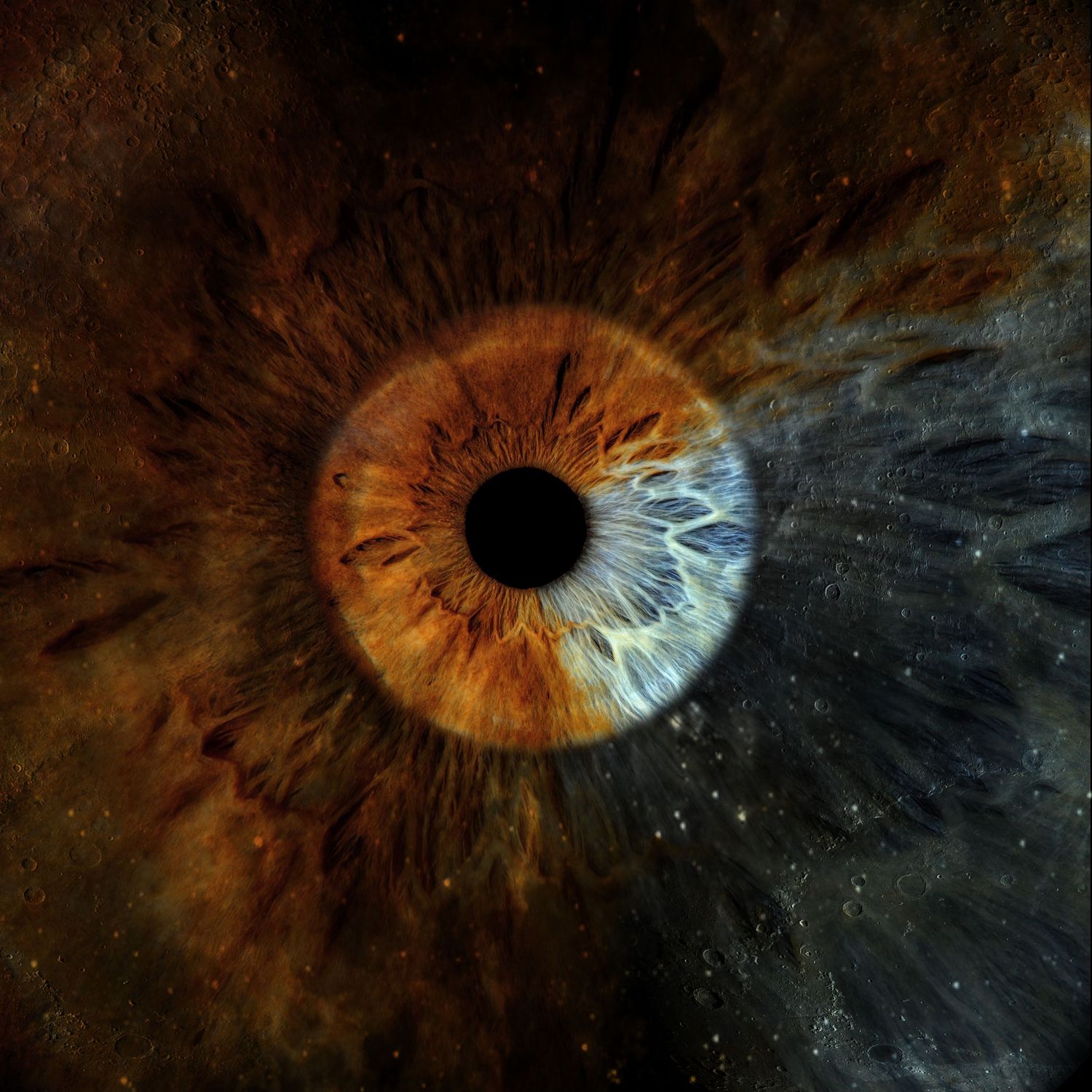 Close-up macro photo of a human eye with amber iris, dramatic cosmic nebula effect, dark mysterious background.