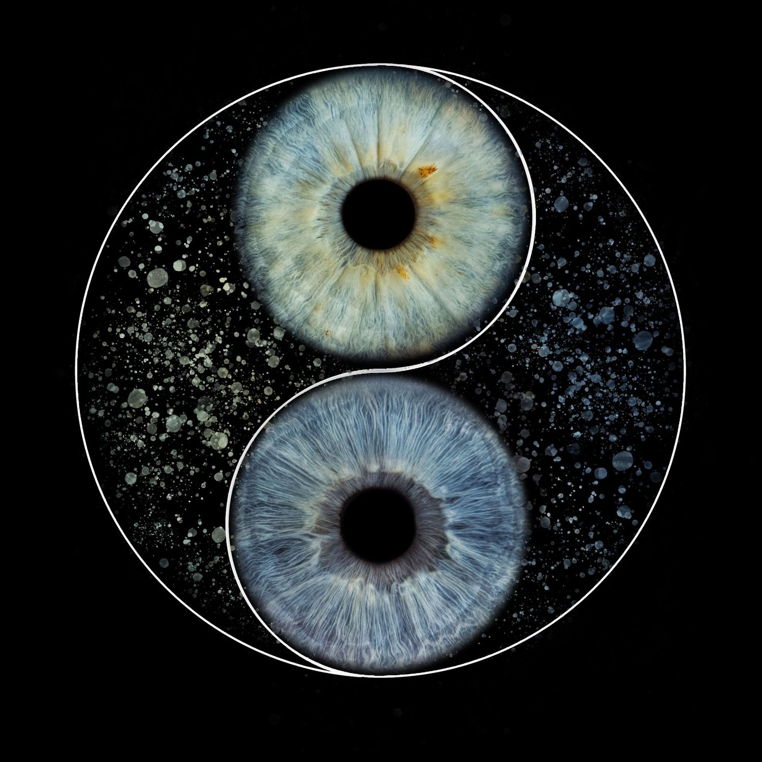 Yin yang symbol formed by two detailed human eyes with blue irises on a dark starry background.