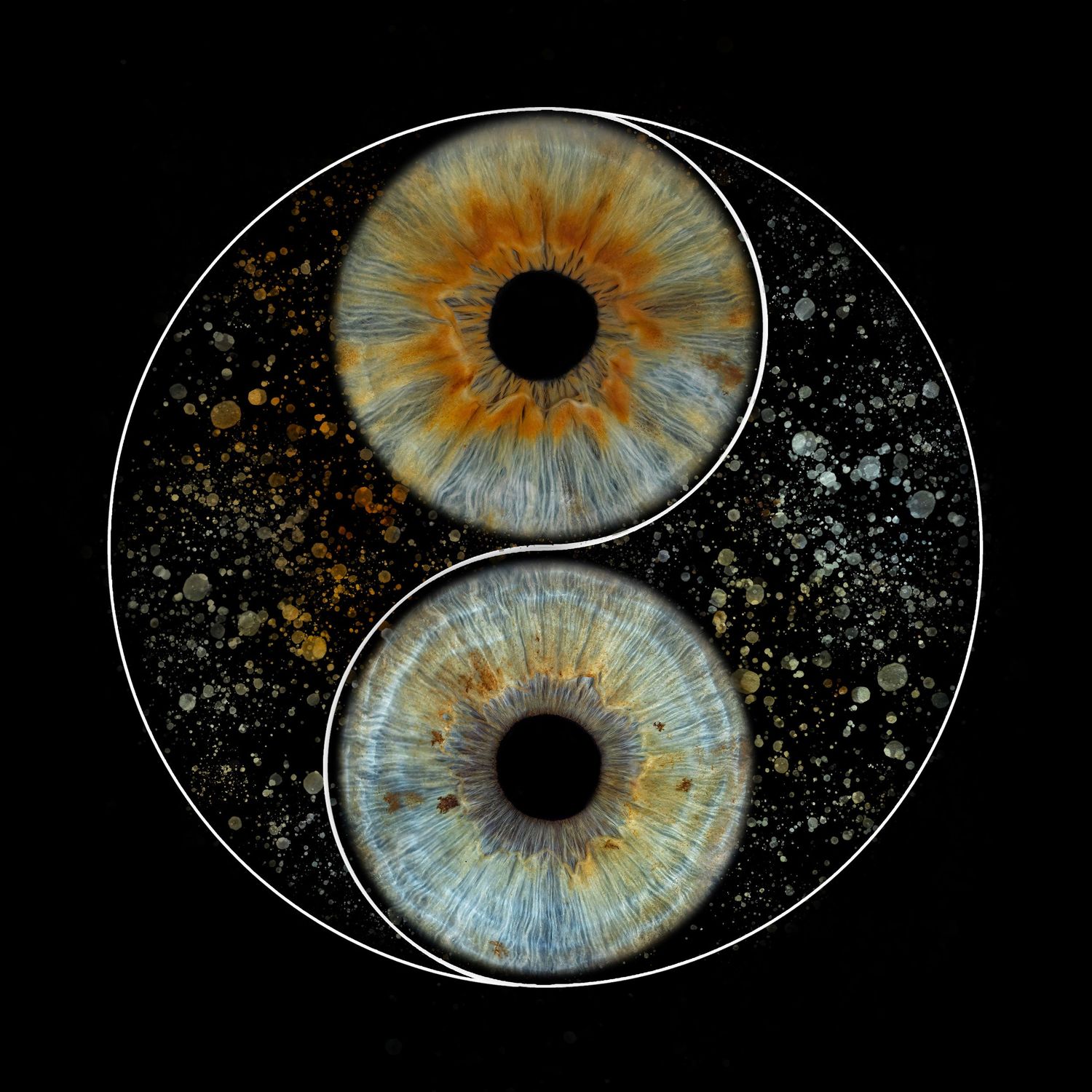 Yin yang symbol formed by two human eyes with amber and blue irises on dark speckled background.