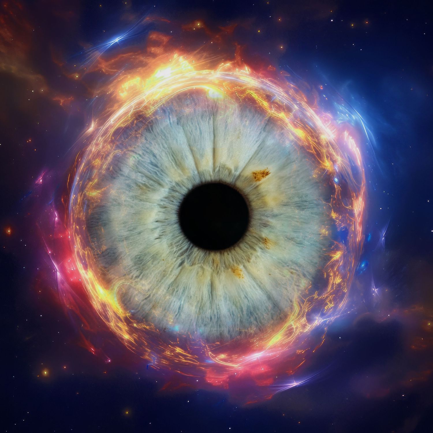 Surreal cosmic artwork of a blue human eye iris encircled by colorful nebula flames in outer space.