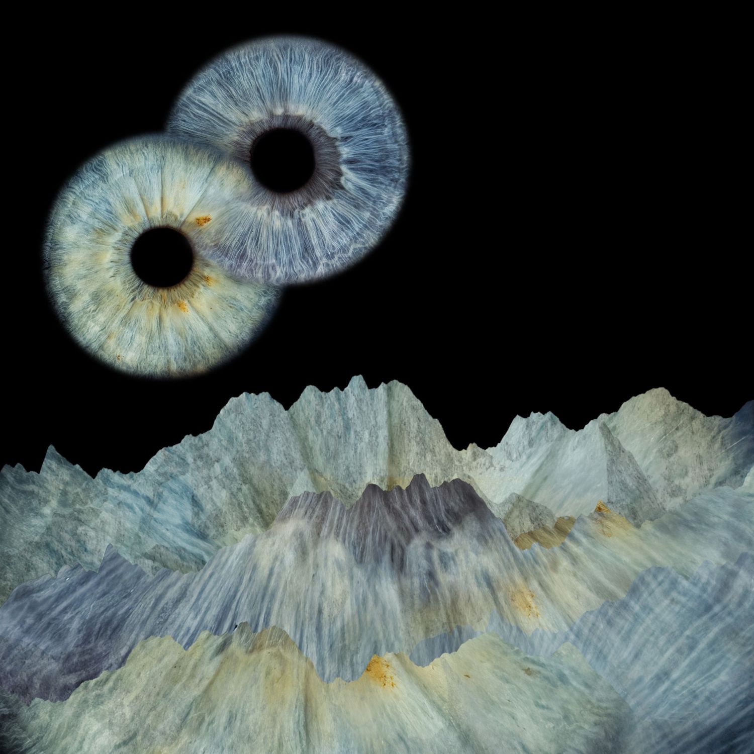 Surreal art featuring two blue iris eyes floating above a crystalline mountain range on black background.