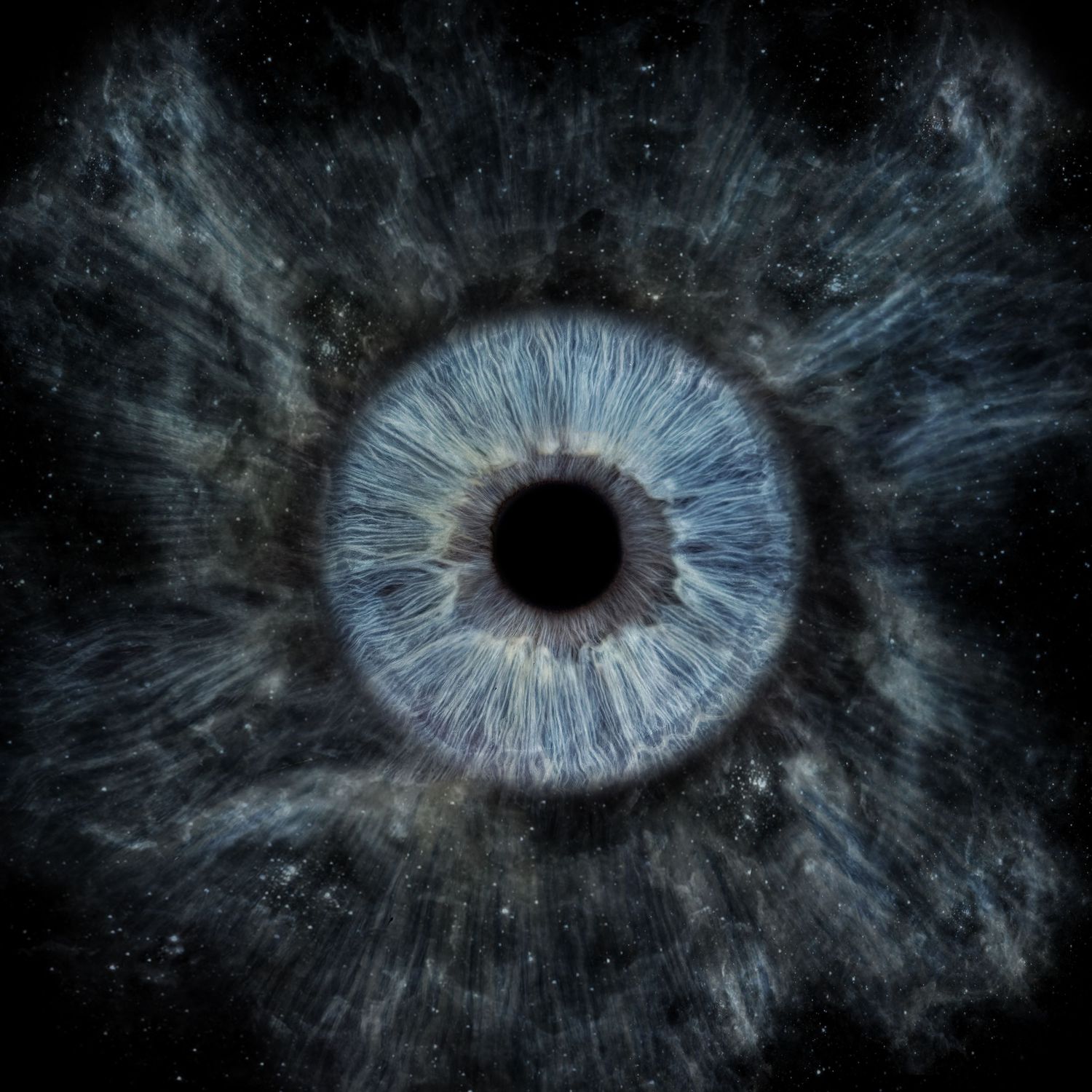 A close-up blue human eye iris merging with a dark textured cosmic space background.