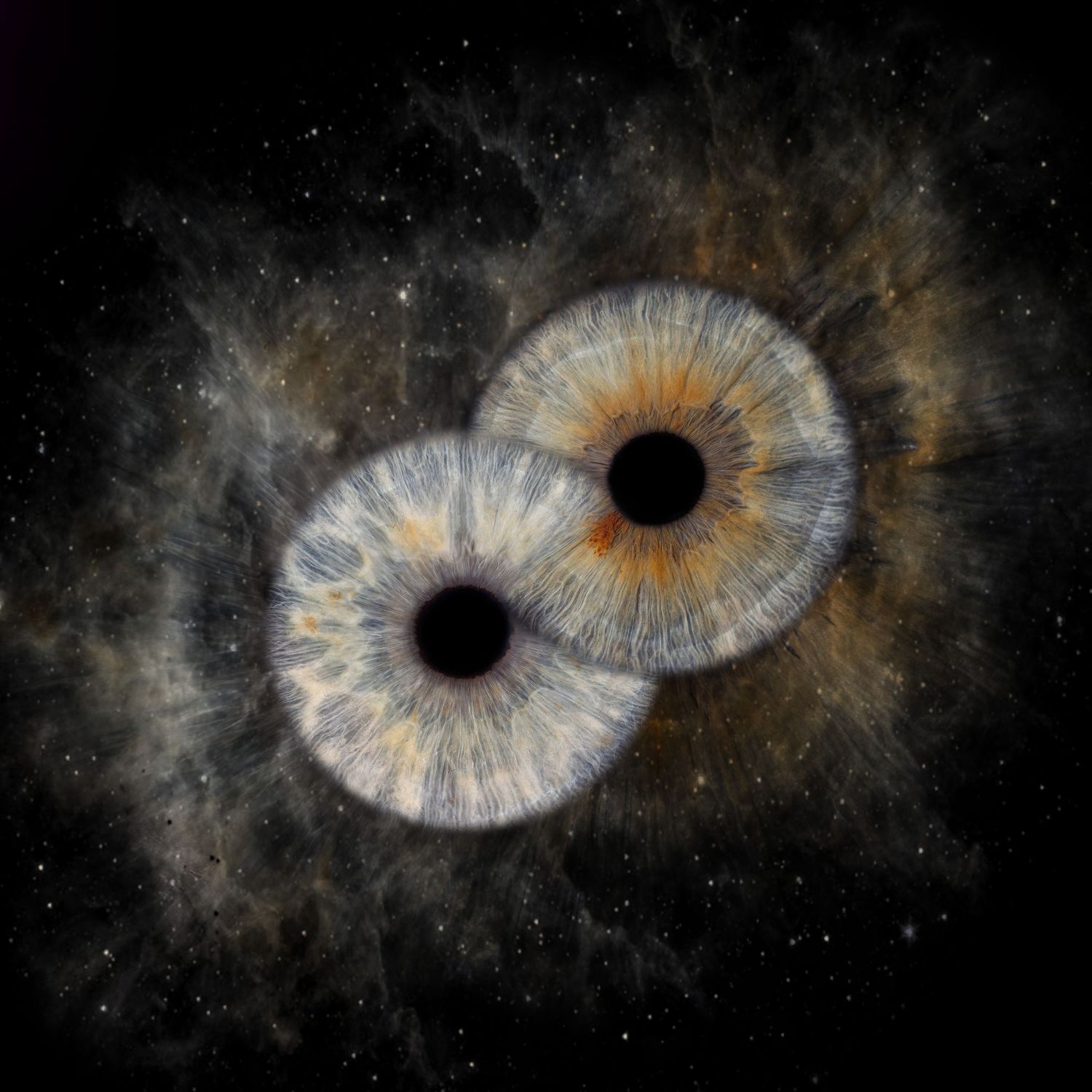 Two overlapping human irises with cosmic nebula background, blending eye anatomy with deep space stars in surreal digital art.